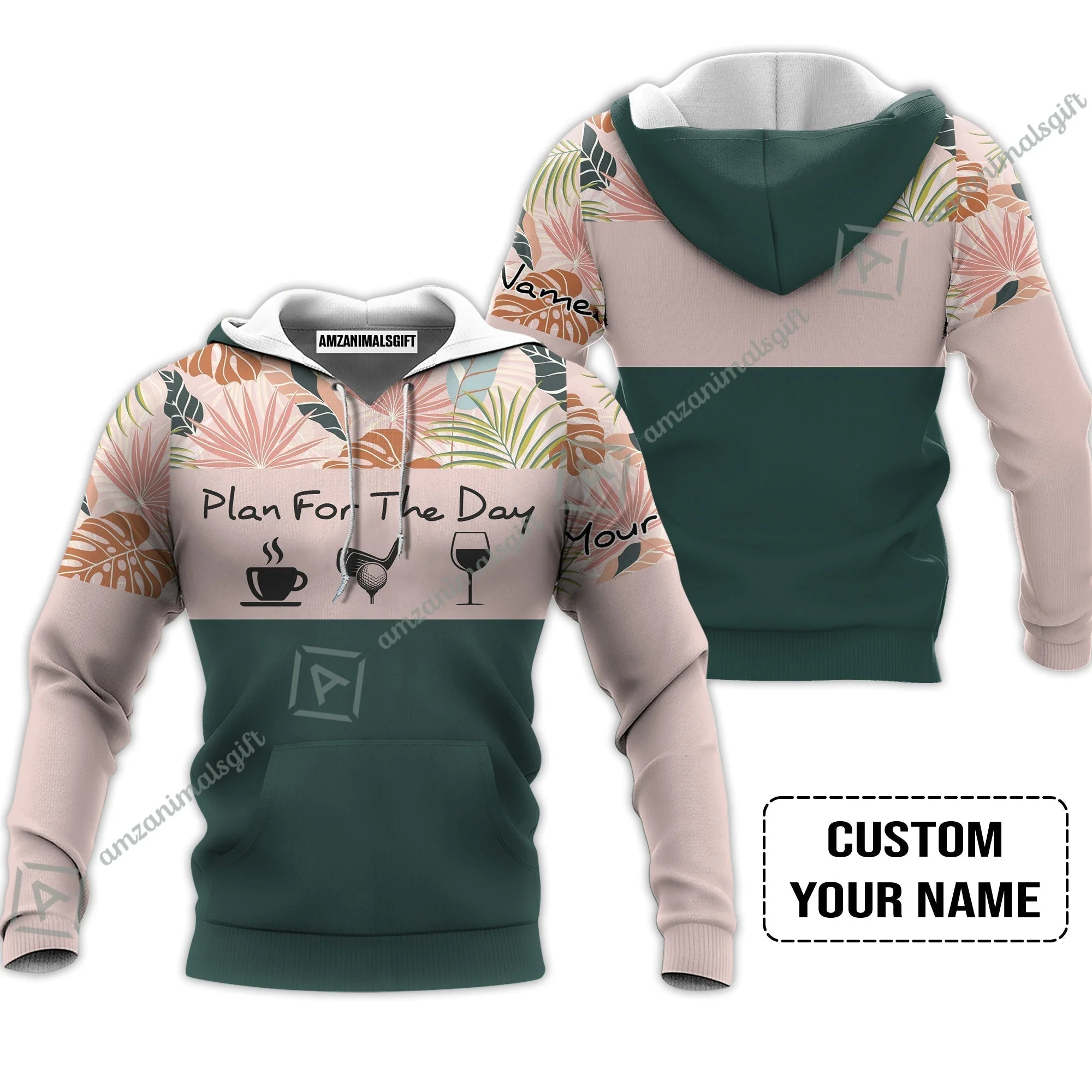 Golf Hawaiian Shirt - Custom Name Tropical Leaves Floral Apparel - Plan For The Day Coffee Golf Wine - Image 6