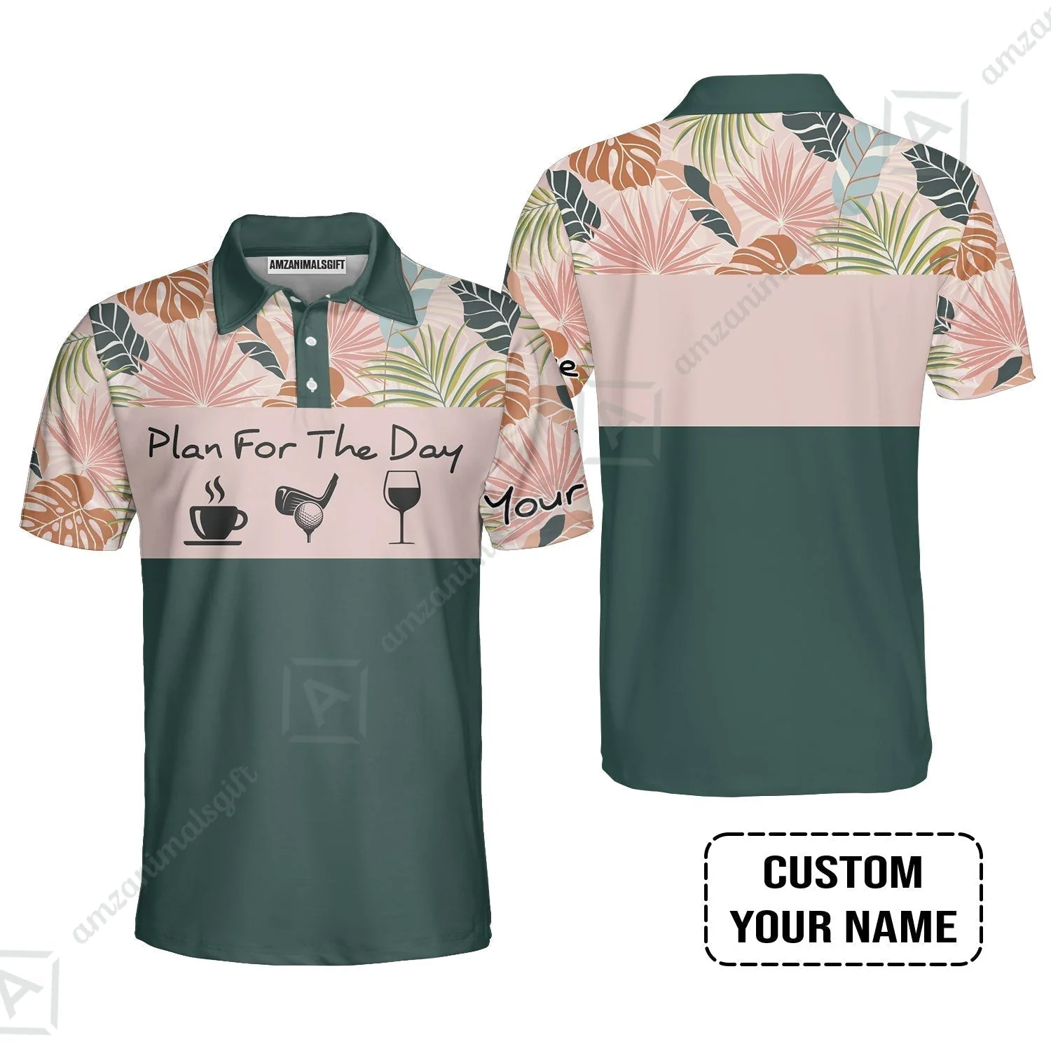 Golf Hawaiian Shirt - Custom Name Tropical Leaves Floral Apparel - Plan For The Day Coffee Golf Wine - Image 8