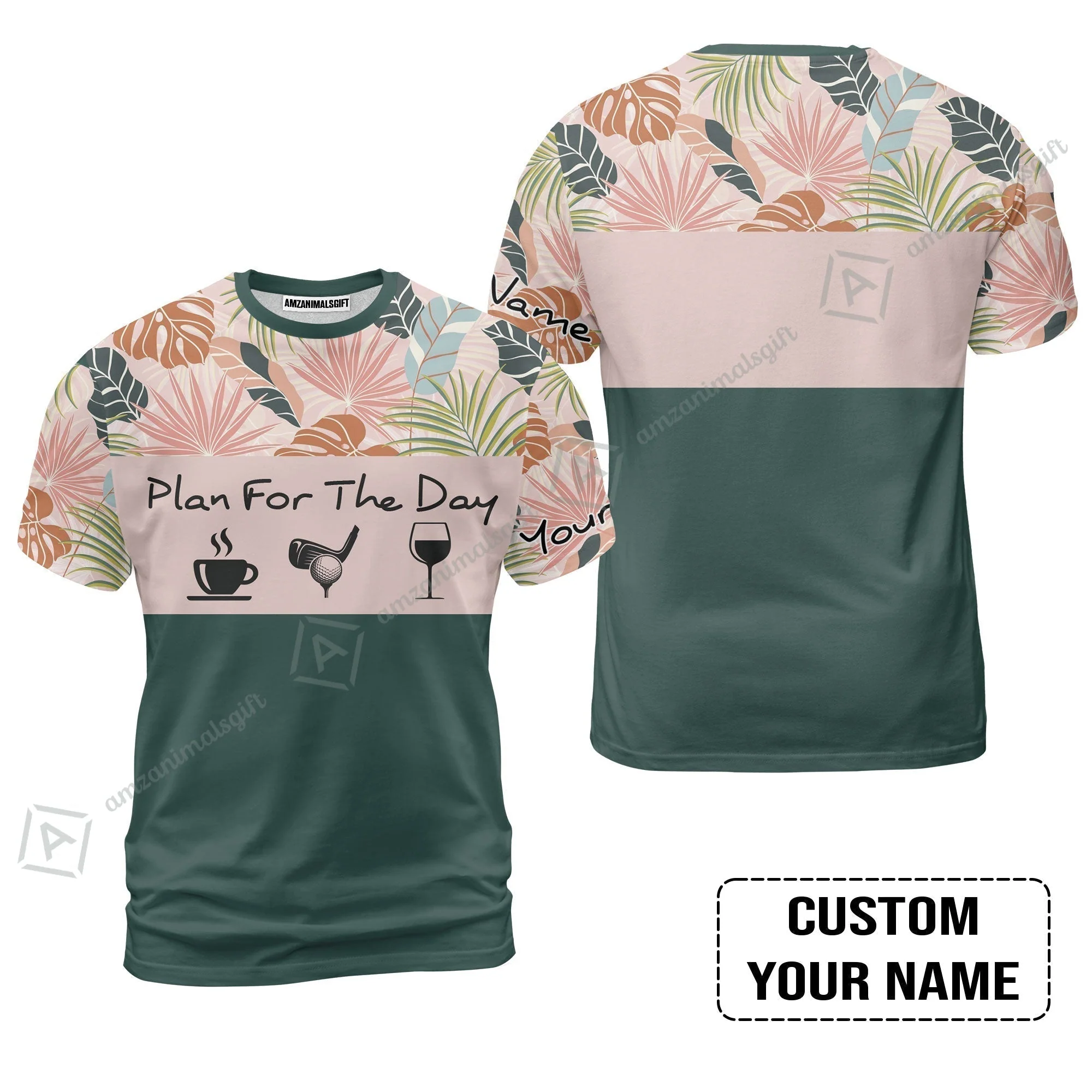 Golf Hawaiian Shirt - Custom Name Tropical Leaves Floral Apparel - Plan For The Day Coffee Golf Wine - Image 9