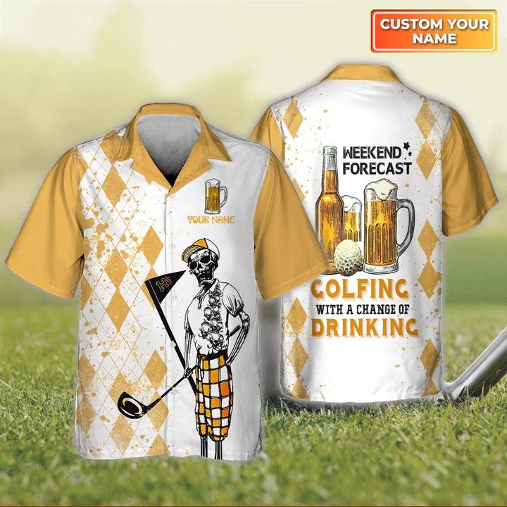 Golf Hawaiian Shirt Customized Name, Golf And Beer Personalized Skeleton Weekend Forecast Golfing Shirt For Men - Perfect Gift For Golf Lovers, Golfers