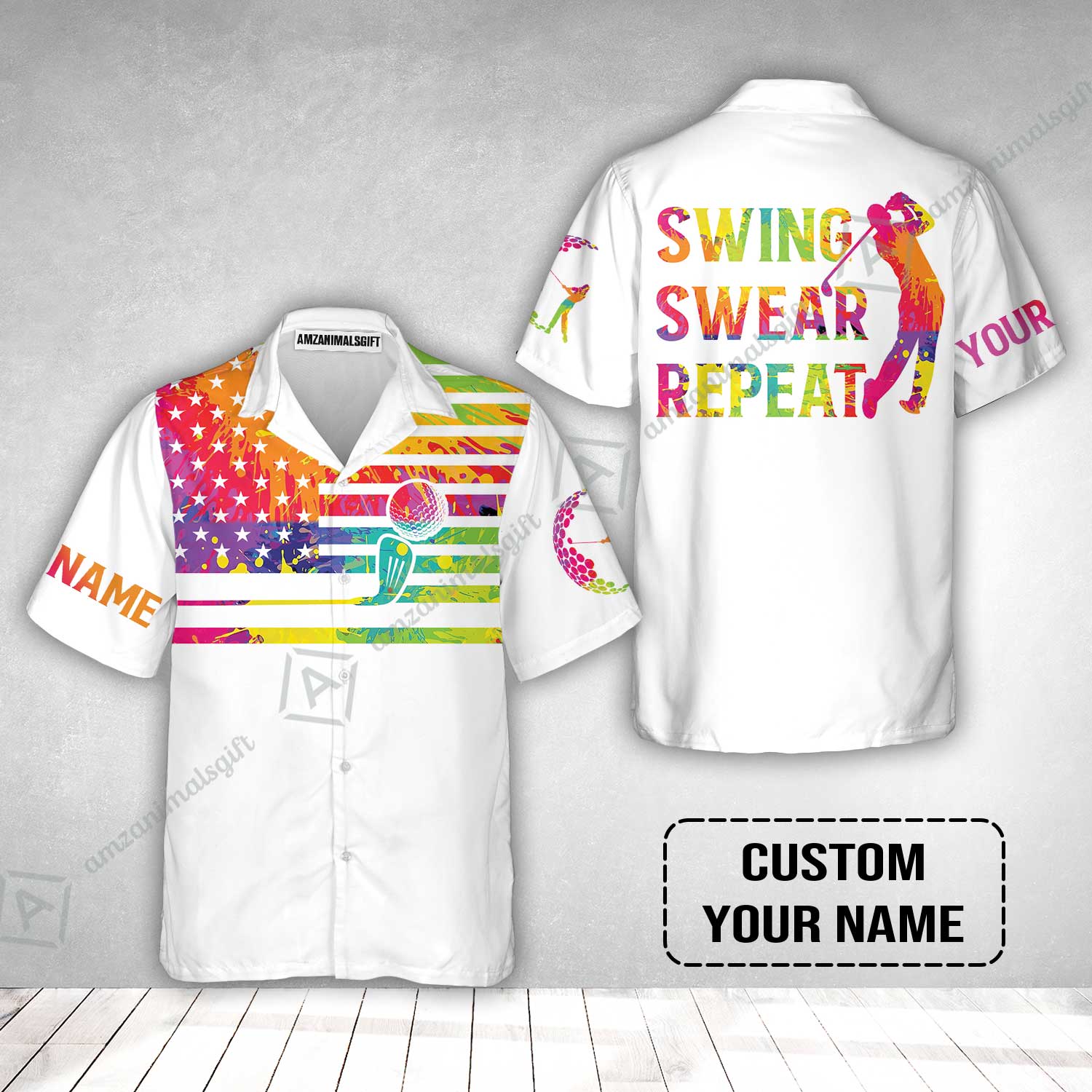 Golf Hawaiian Shirt - Funny Watercolor American Flag Custom Name White Apparel - Swing Swear Repeat Golf Hawaiian Shirt - Image 2