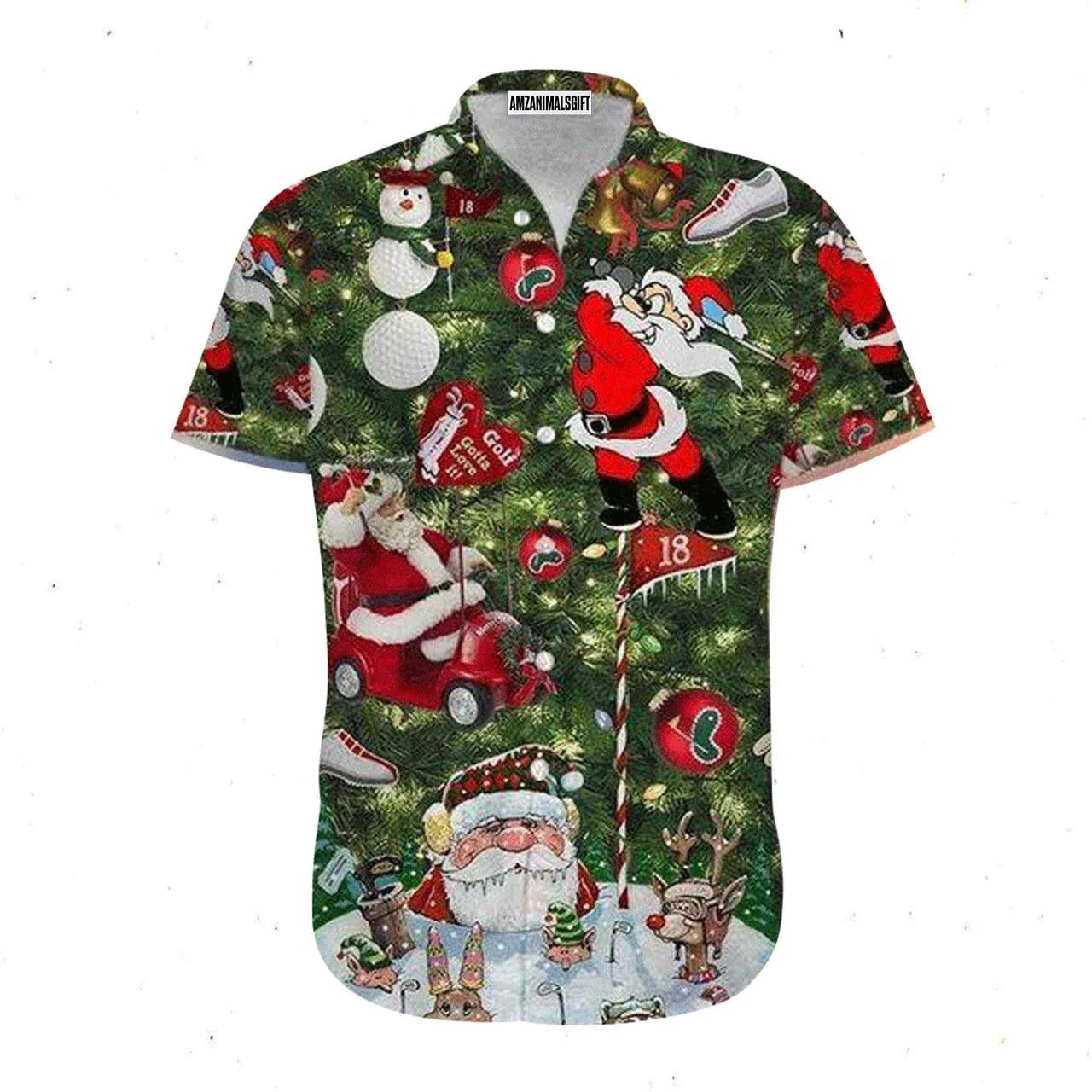 Golf Hawaiian Shirt, Golf Christmas Santa Claus Snowman Green Aloha Hawaiian Shirts For Men and Women - Gift For Golfer, Friend, Family - Image 2