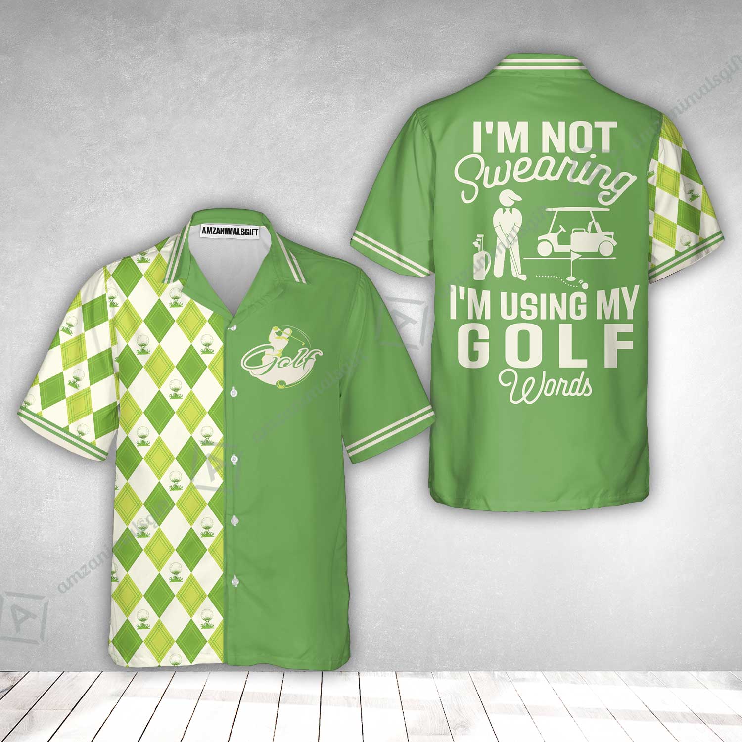 Golf Hawaiian Shirt, I'm Not Swearing I'm Using My Golf Words Hawaiian Shirt, Green Argyle Pattern Hawaiian Shirt - Image 2