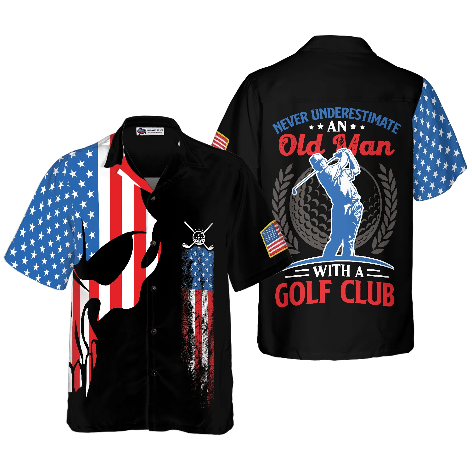Golf Hawaiian Shirt, Skull With American Flag Aloha Hawaiian Shirt, Golf Club Colorful Summer Aloha Shirt, Gift For Friend, Golf Lovers, Golfer