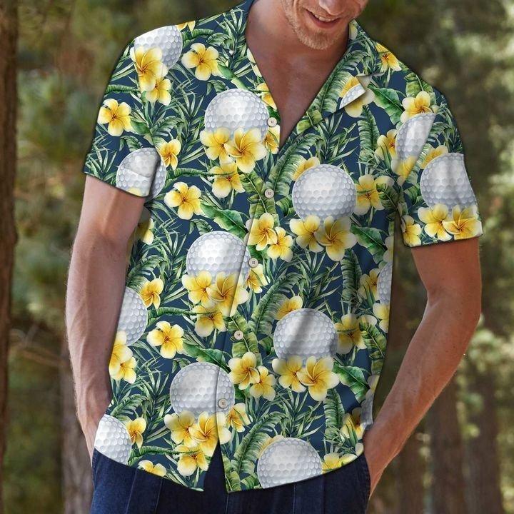 Golf Hawaiian Shirt, Tropical Yellow Hibiscus Flowers Golf Frangipani Green Aloha Hawaiian Shirts For Men and Women - Gift For Golfer, Friend, Family - Image 3