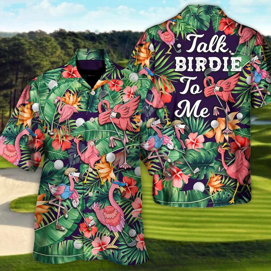 Golf Hawaiian Shirts - Flamingo Playing Golf Aloha Shirts, Talk Birdie To Me Tropical Floral Hawaiian Shirt - Perfect Gift For Men, Flamingo Lovers, Golfer - Image 2