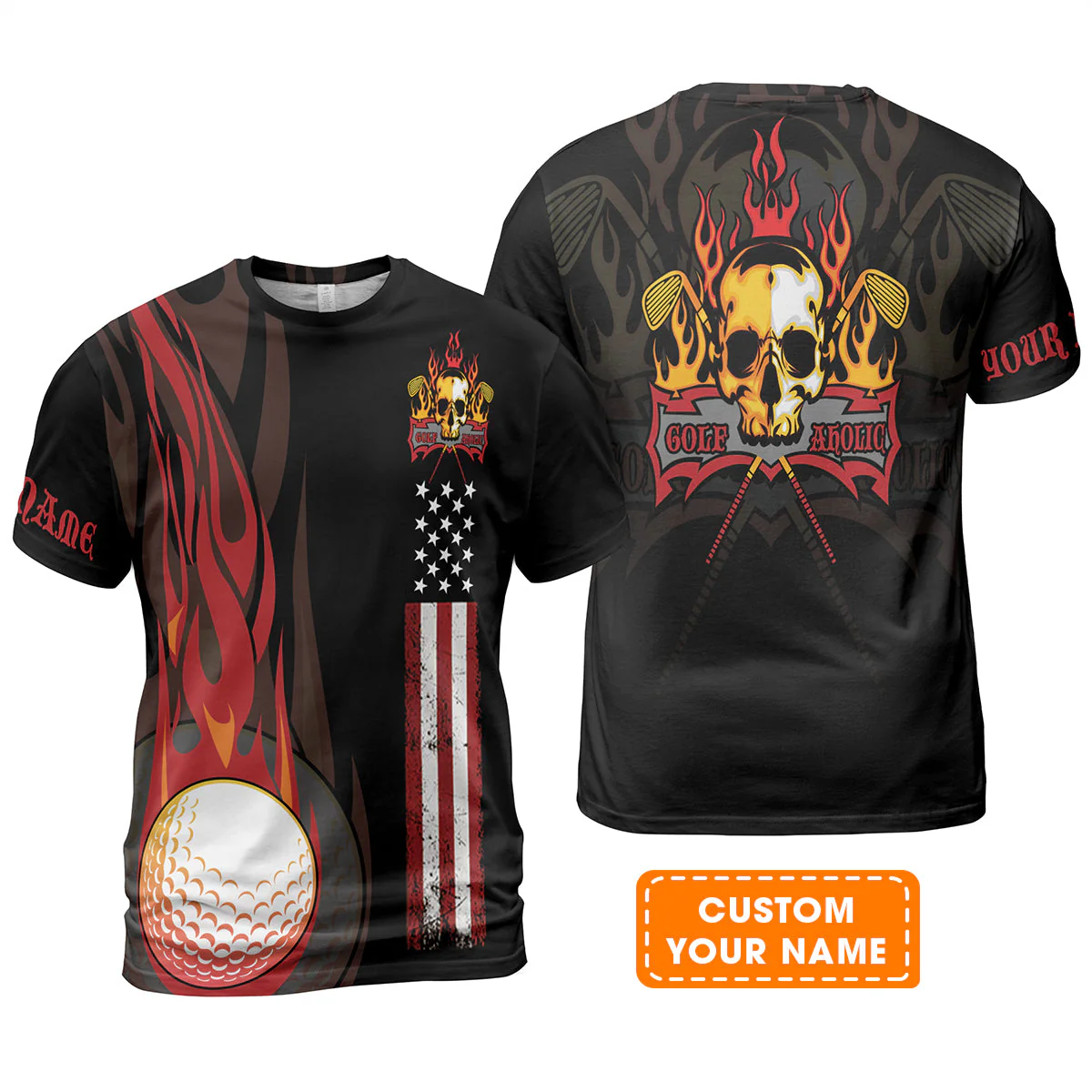 Golf Hoodie - Flame Skull Golf Ball American Flag Custom Name Hoodie - Personalized Gift For Golf Lover, Men, Patriotic - Image 10