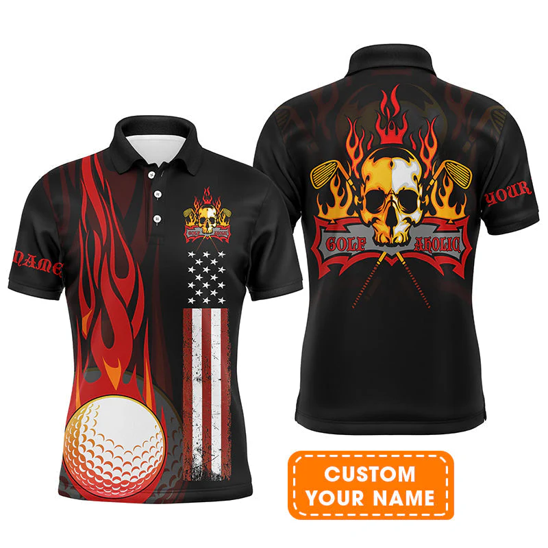 Golf Hoodie - Flame Skull Golf Ball American Flag Custom Name Hoodie - Personalized Gift For Golf Lover, Men, Patriotic - Image 6