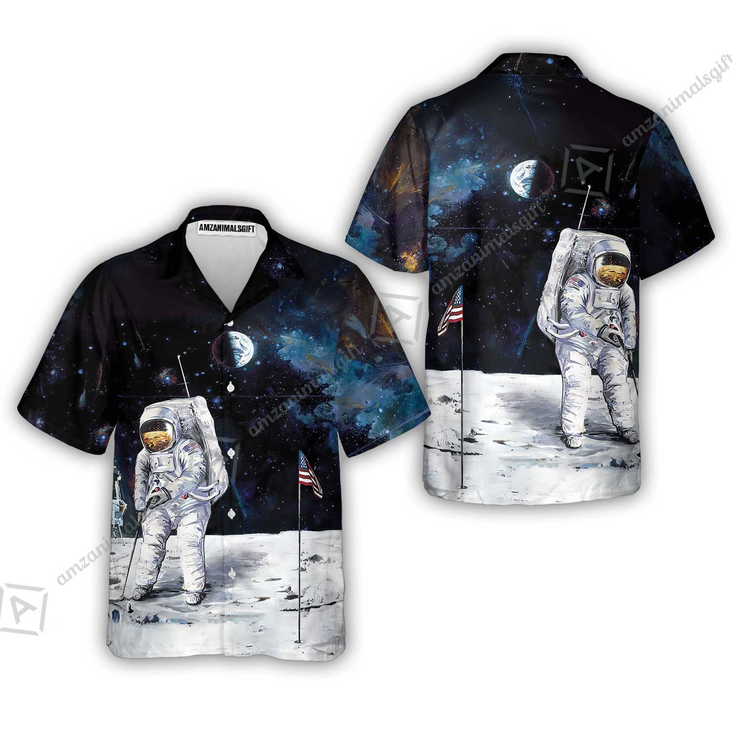 Golf Long Polo Shirt - Astronaut Moon Golf Men Polo Shirt, American Flag Long Polo Shirt - Image 7