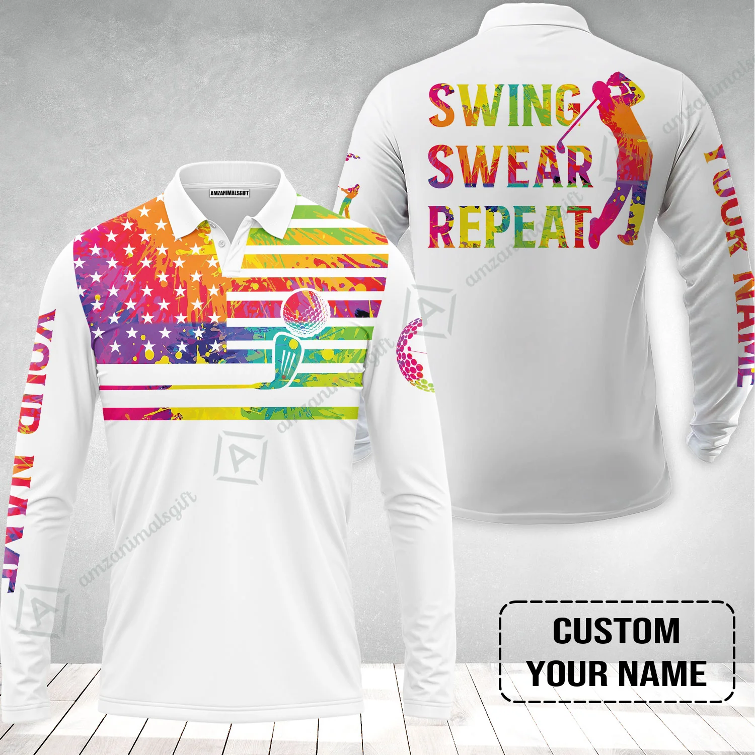 Golf Long Polo Shirt - Funny Watercolor American Flag Custom Name White Apparel - Swing Swear Repeat Golf Long Polo Shirt - Image 2