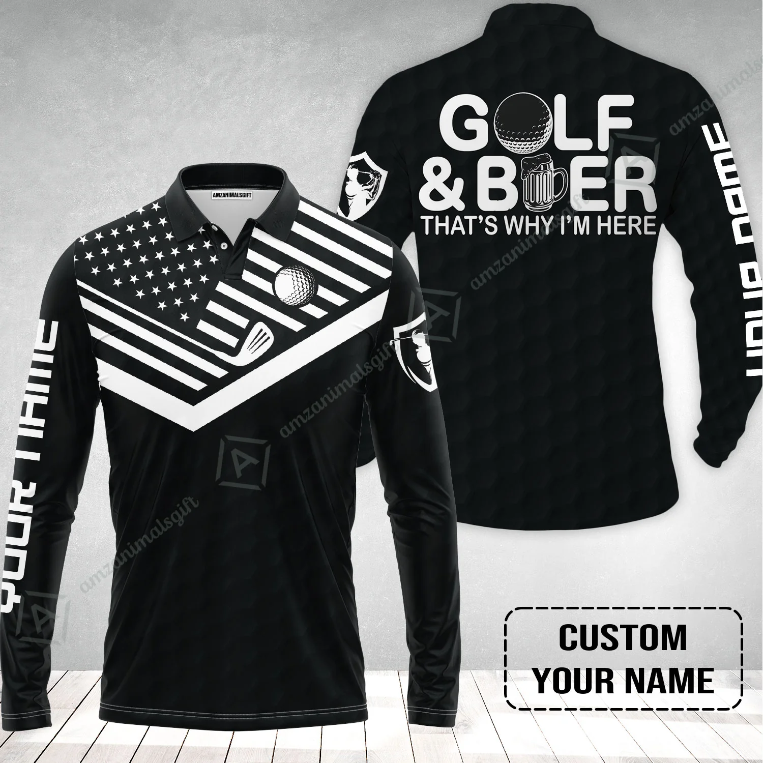 Golf Long Polo Shirt - Personalized American Flag Golf Polo Shirt, Golf And Beer That's Why I'm Here Custom Polo Shirt - Image 2