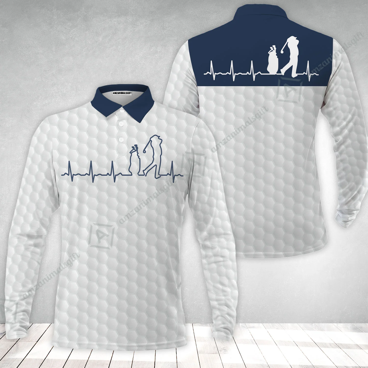 Golf Long Sleeve Men Polo Shirt - Heartbeat Golfer White And Navy Golf Men Polo Shirt, White Golf Ball Pattern Polo Shirt - Best Gift For Golfers - Image 2