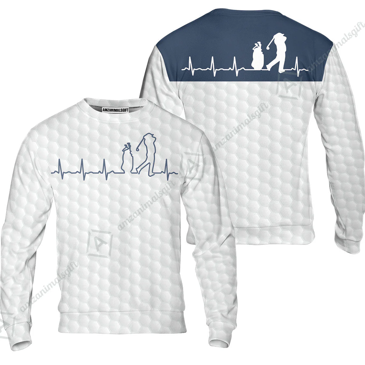 Golf Long Sleeve Men Polo Shirt - Heartbeat Golfer White And Navy Golf Men Polo Shirt, White Golf Ball Pattern Polo Shirt - Best Gift For Golfers - Image 5