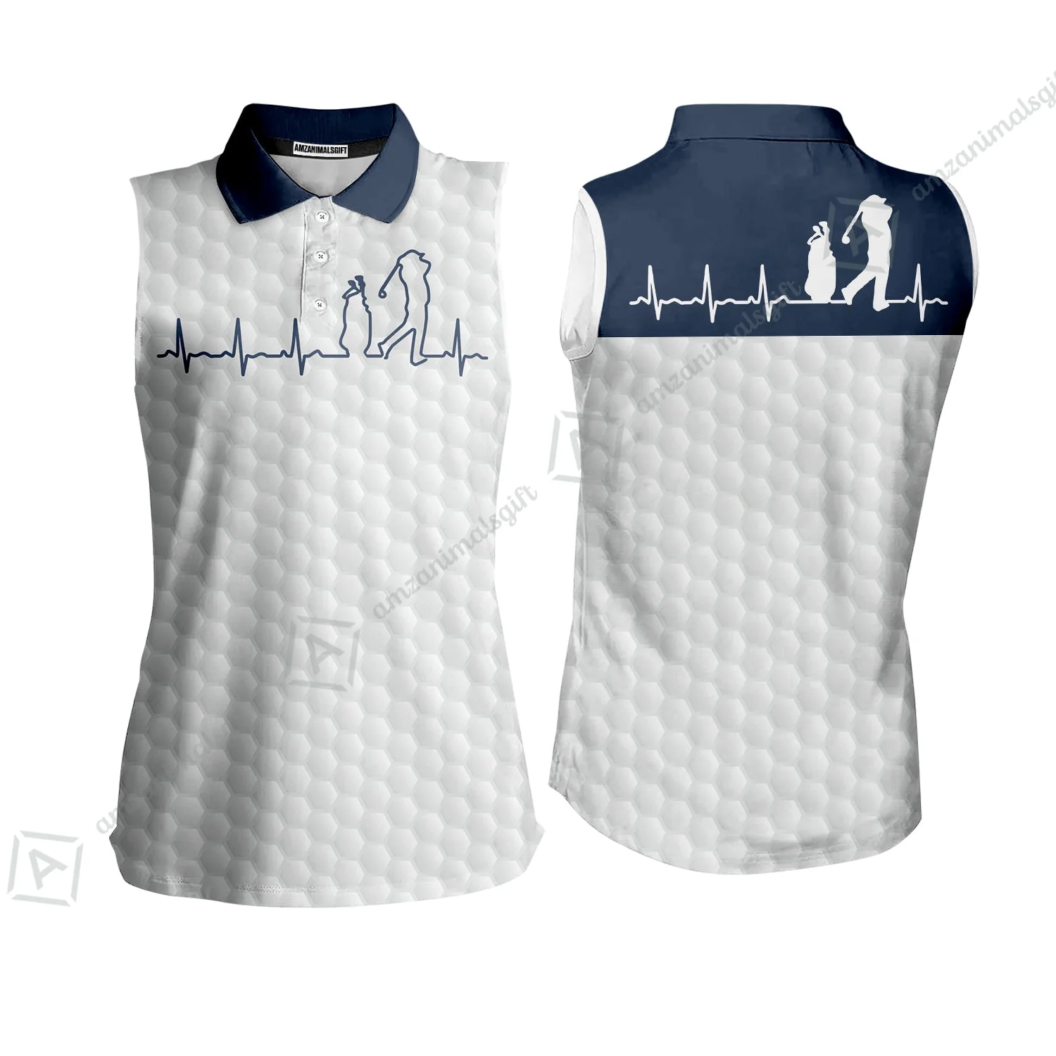 Golf Long Sleeve Men Polo Shirt - Heartbeat Golfer White And Navy Golf Men Polo Shirt, White Golf Ball Pattern Polo Shirt - Best Gift For Golfers - Image 7