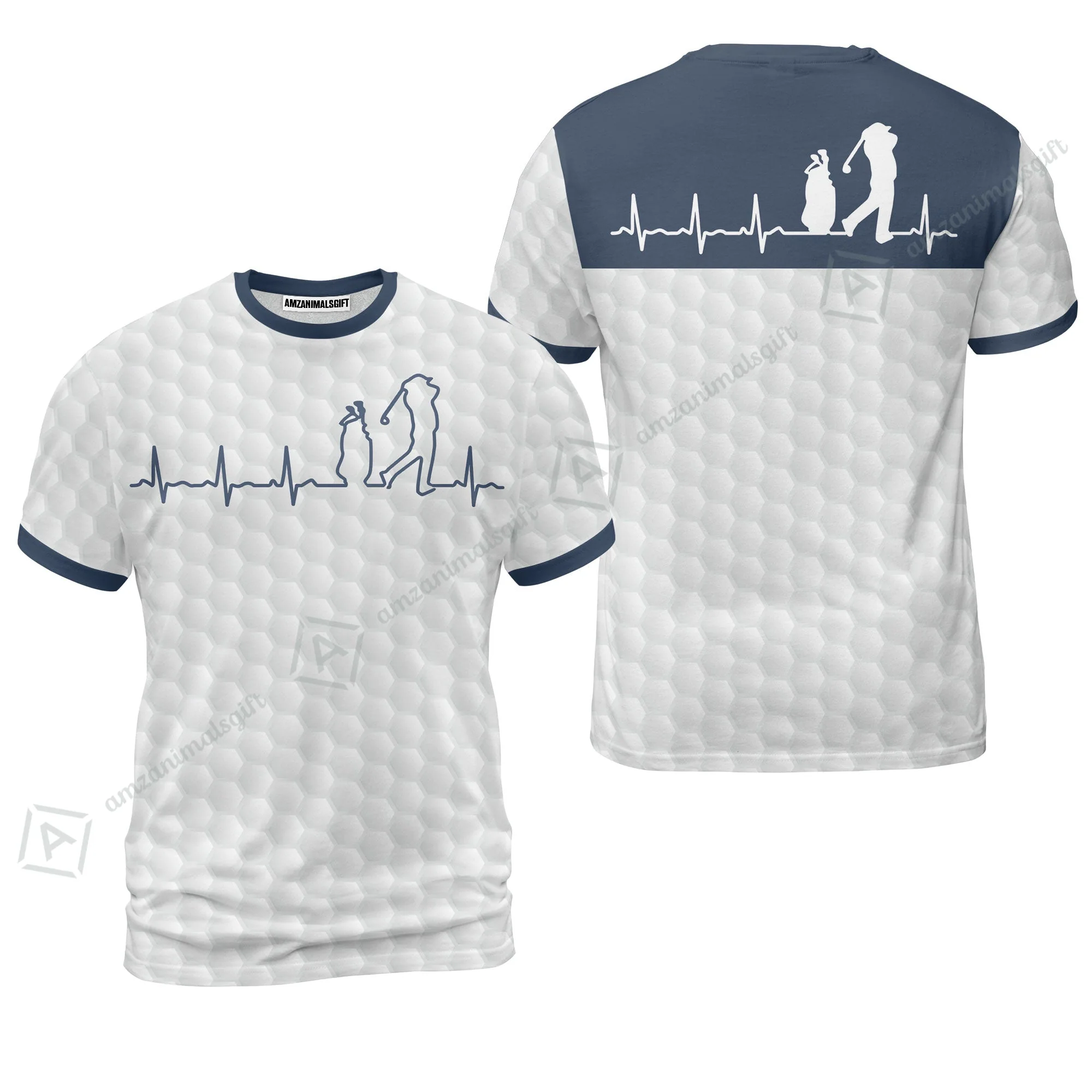 Golf Long Sleeve Men Polo Shirt - Heartbeat Golfer White And Navy Golf Men Polo Shirt, White Golf Ball Pattern Polo Shirt - Best Gift For Golfers - Image 9