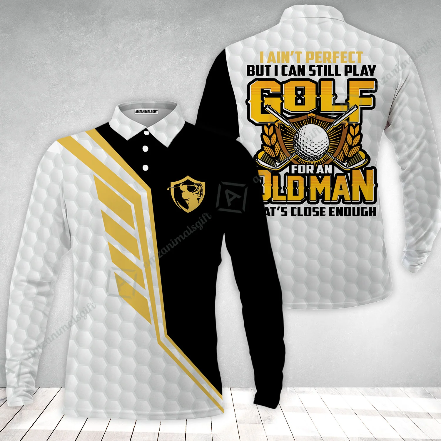 Golf Long Sleeve Men Polo Shirt - I Ain't Perfect But I Can Still Play Golf Polo Shirt, Black And White Golfing Shirt - Image 2