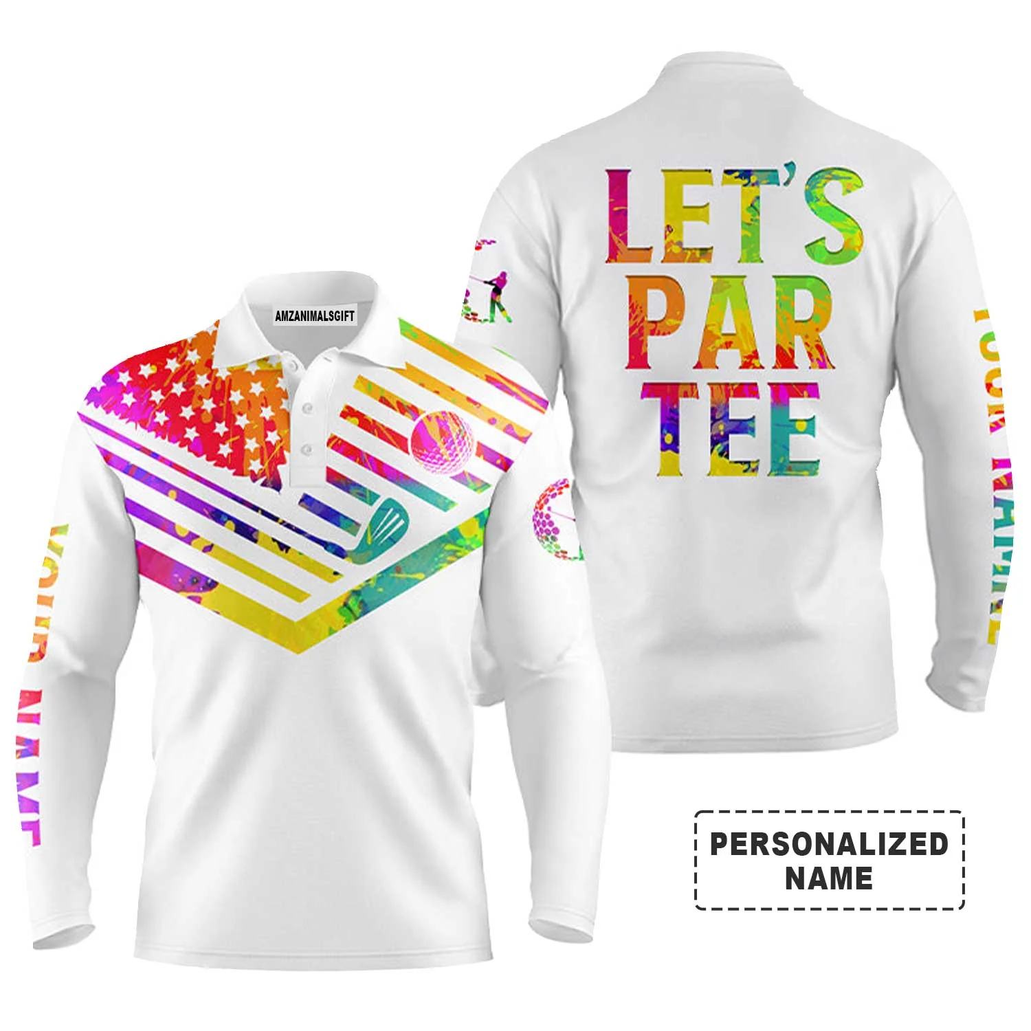 Golf Long Sleeve Men Polo Shirt - Watercolor American Flag Patriot Custom Name White Apparel, Let’s Par Tee Men Golf Polo Shirt - Perfect Polo Shirt For Men, Golfers - Image 2