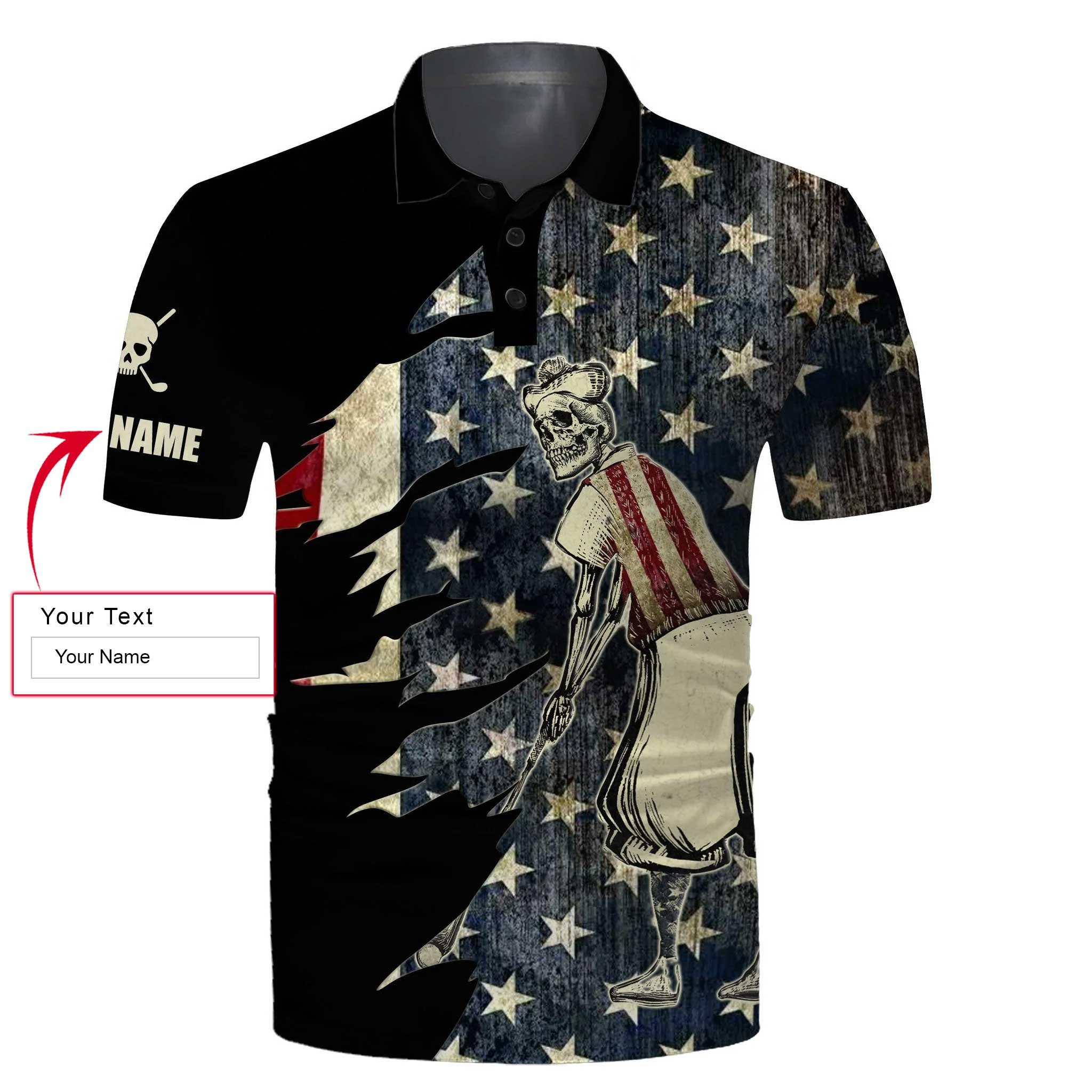 Golf Long Sleeve Polo Shirt Customized Name American Flag Skeleton Patriotic Black Men Apparel, Personalized Outfit For Golf Lovers, Golfers - Image 3