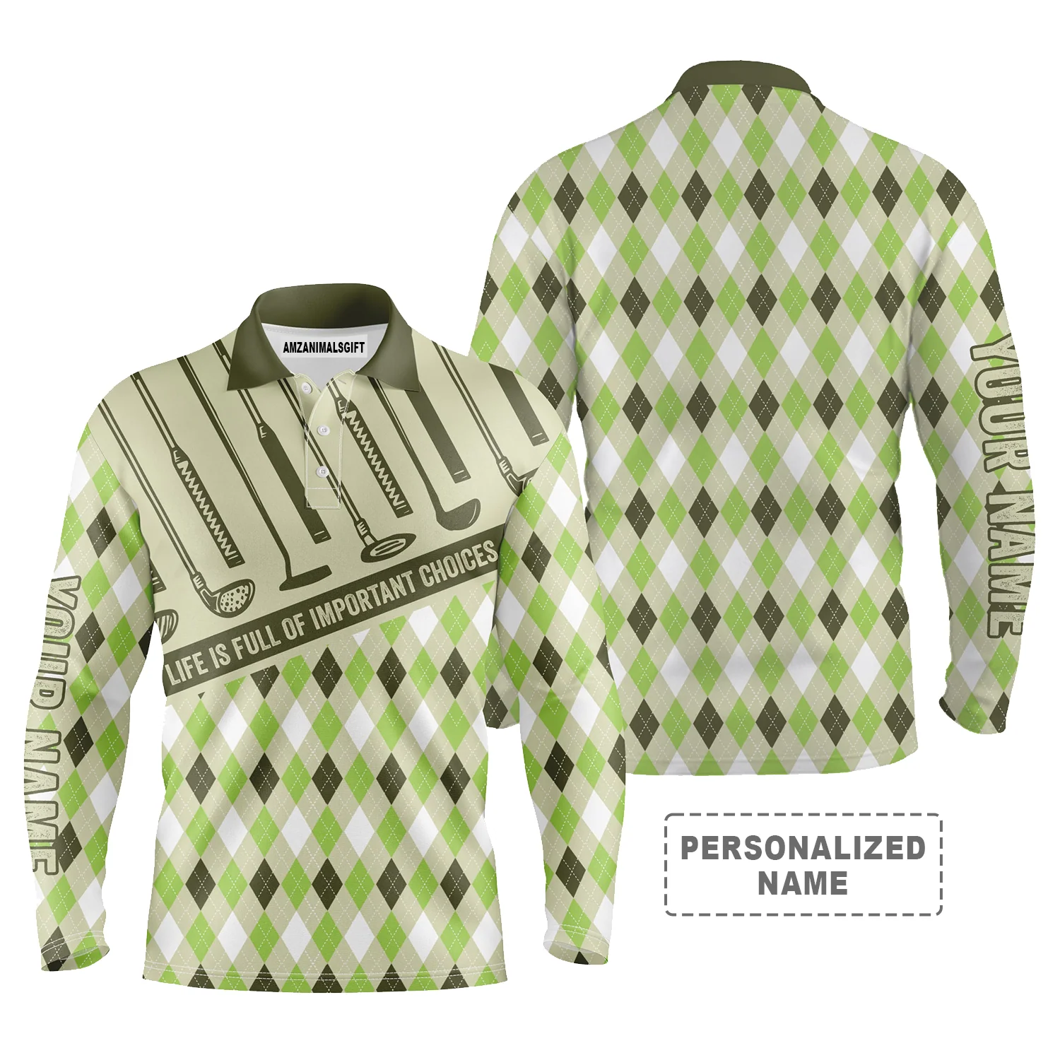 Golf Long Sleeve Polo Shirt For Men Argyle Pattern Customized Name Life Is Full Of Important Choices Perfect Golf Outfit For Golfers, Golf Lovers - Image 2