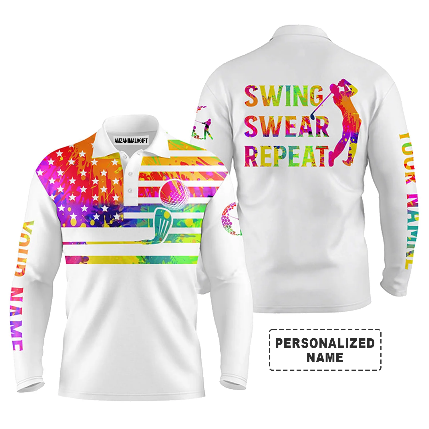 Golf Long Sleeve Polo Shirt For Men Watercolor American Flag Swing Swear Repeat Customized Name, Personalized Outfit For Golf Lovers, Golfers - Image 2