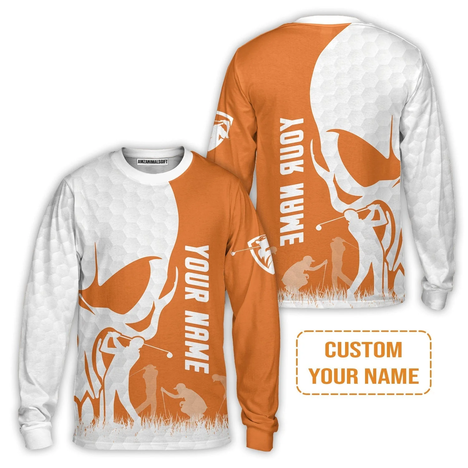 Golf Long Sleeve Shirt - Custom Name Skull White Golf Ball, Orange Apparel Long Sleeve Shirt - Personalized Gift For Golf Lover, Team, Husband, Boyfriend, Men - Image 2