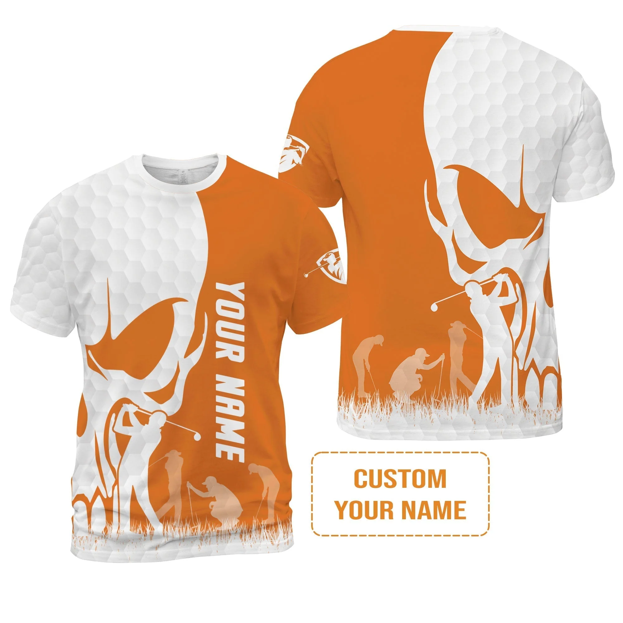 Golf Long Sleeve Shirt - Custom Name Skull White Golf Ball, Orange Apparel Long Sleeve Shirt - Personalized Gift For Golf Lover, Team, Husband, Boyfriend, Men - Image 3