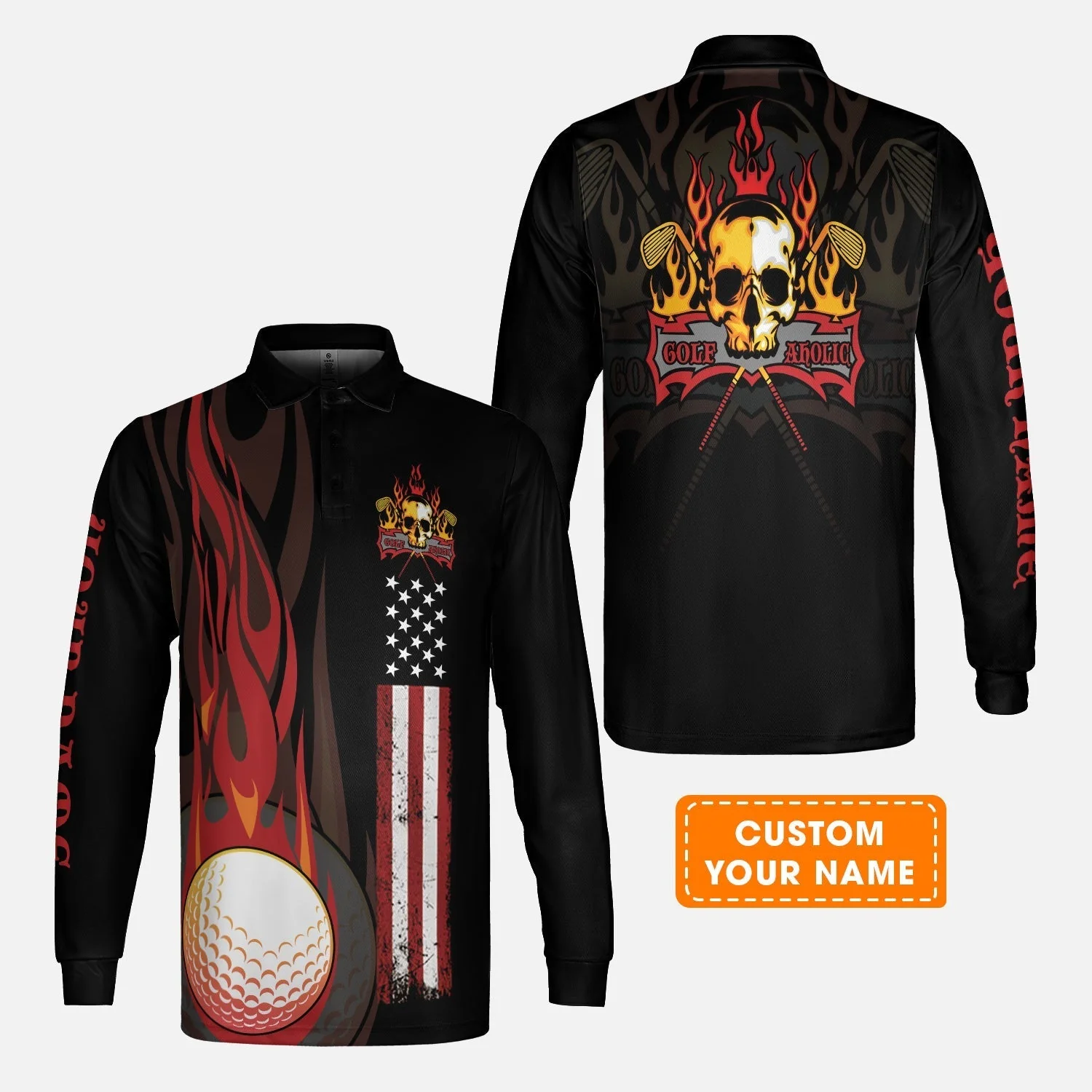 Golf Long Sleeve Shirt - Flame Skull Golf Ball American Flag Custom Name Long Sleeve Shirt - Personalized Gift For Golf Lover, Men, Patriotic - Image 10