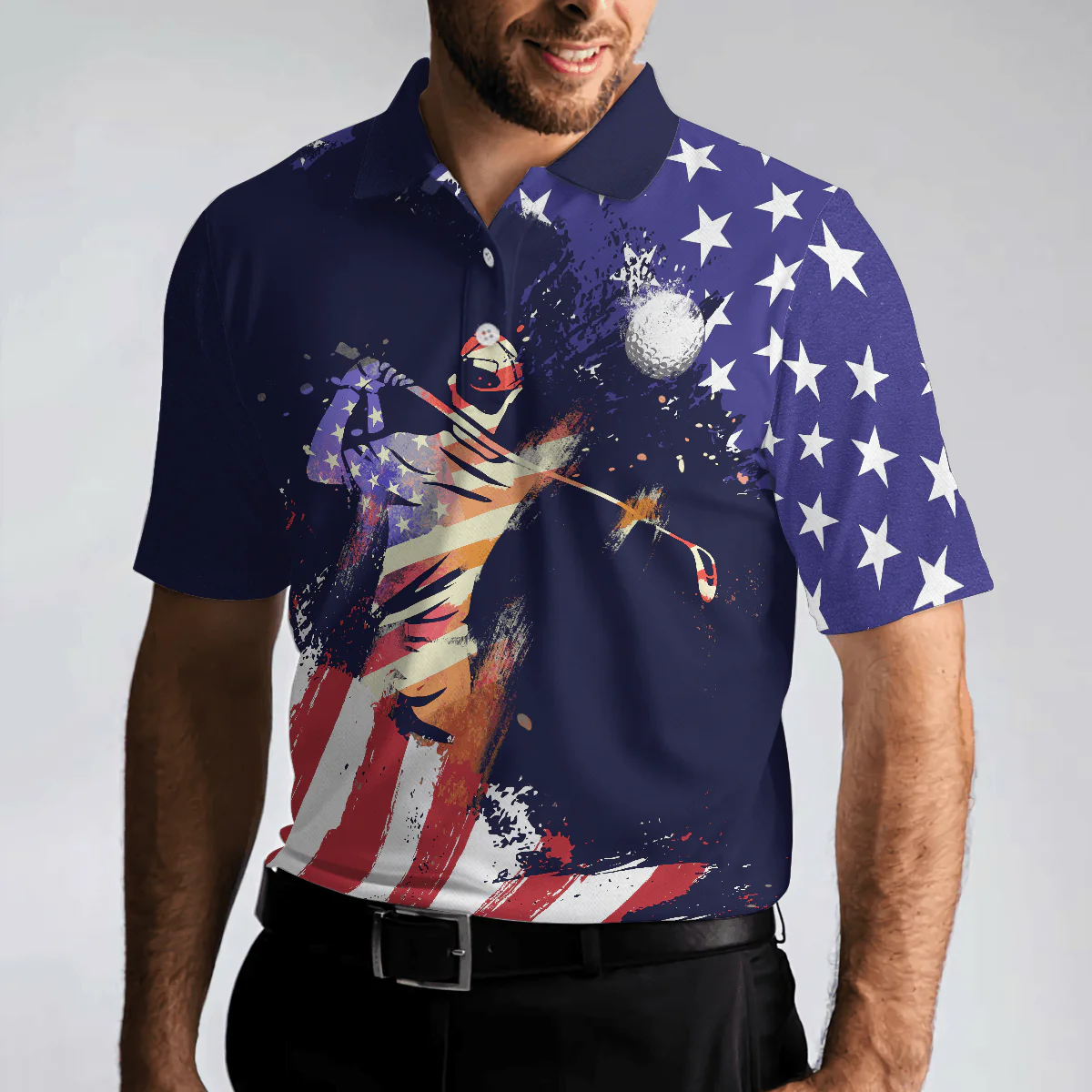 Golf Men Polo Shirt, American Flag with Abstract Golf Swing Independence Day Polo Shirts For Men, 4th Of July Gift For Golfers, Golf Team Lovers - Image 4