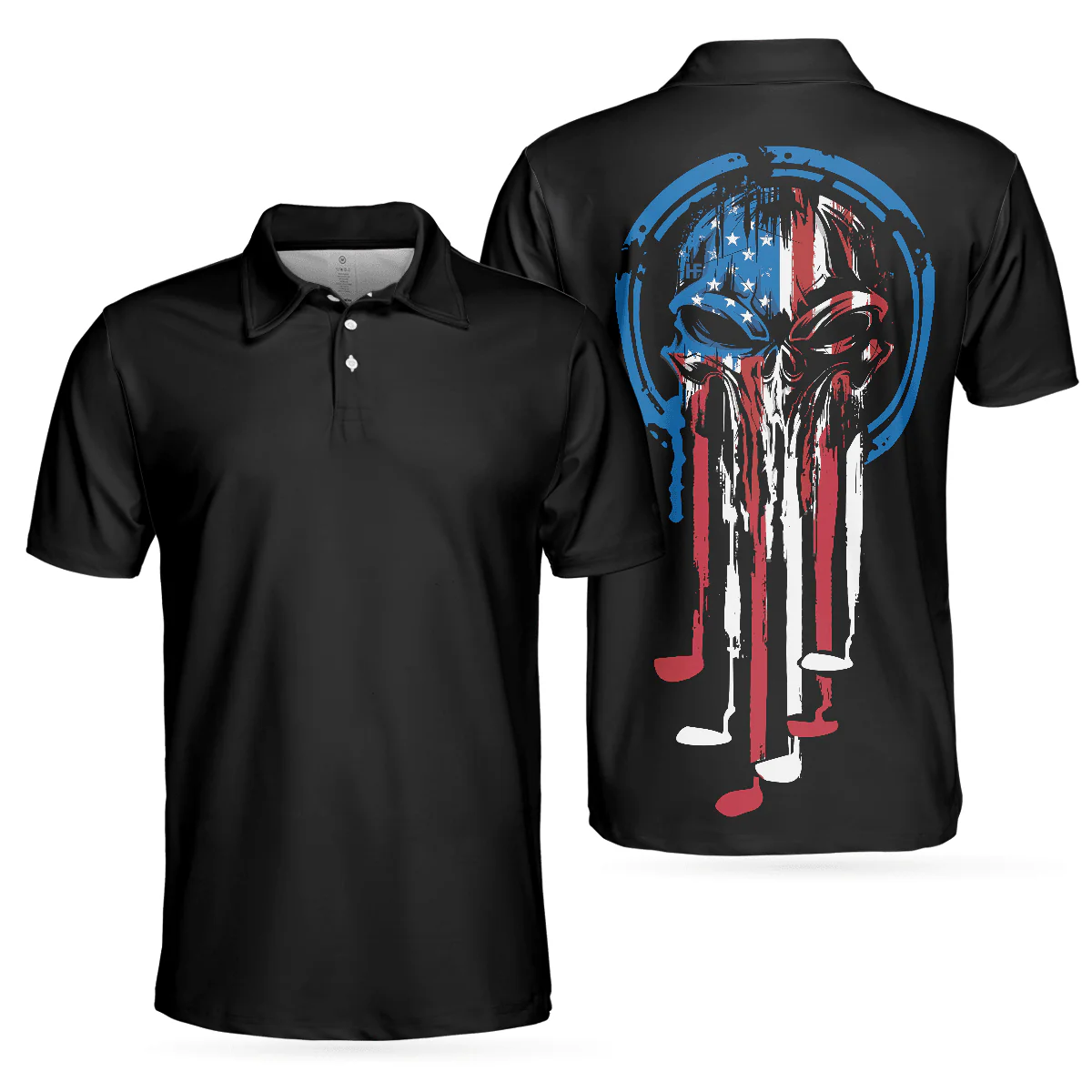 Golf Men Polo Shirt, American Skull Golf Clubs Polo Shirt Black, Wet Paint American Flag Skull Polo Shirt For Men - Gift For Golfers, Golf Lovers