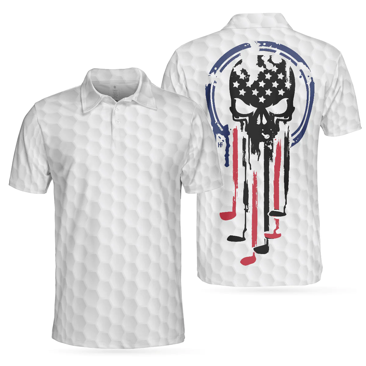 Golf Men Polo Shirt, American Skull Golf Clubs Set, American Flag Skull White Polo Shirt For Men - Gift For Golfers, Golf Lovers