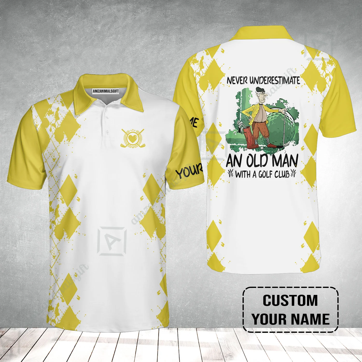 Golf Men Polo Shirt - Argyle Pattern Custom Name Apparel - Never Underestimate An Old Man With A Golf Club - Image 2
