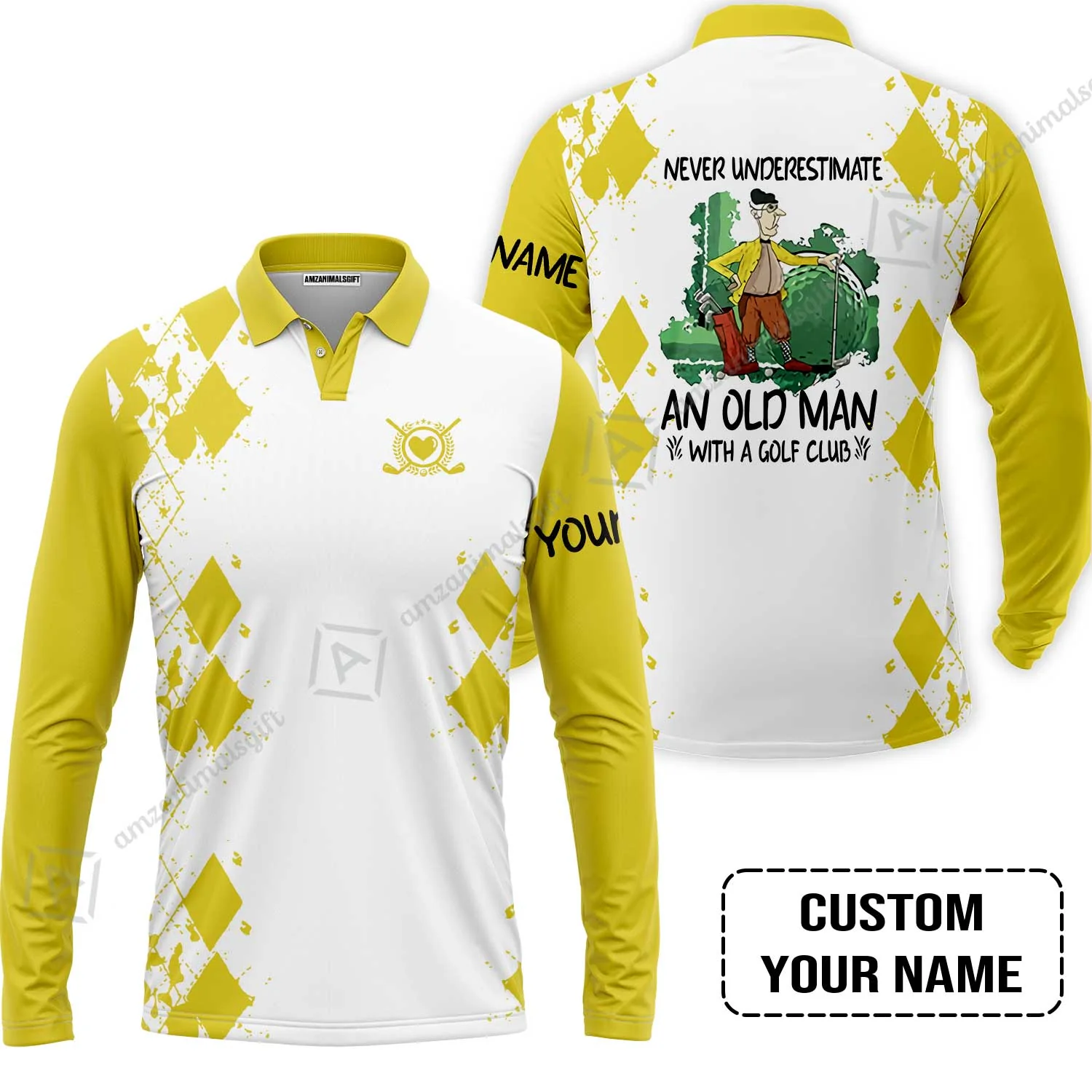 Golf Men Polo Shirt - Argyle Pattern Custom Name Apparel - Never Underestimate An Old Man With A Golf Club - Image 3