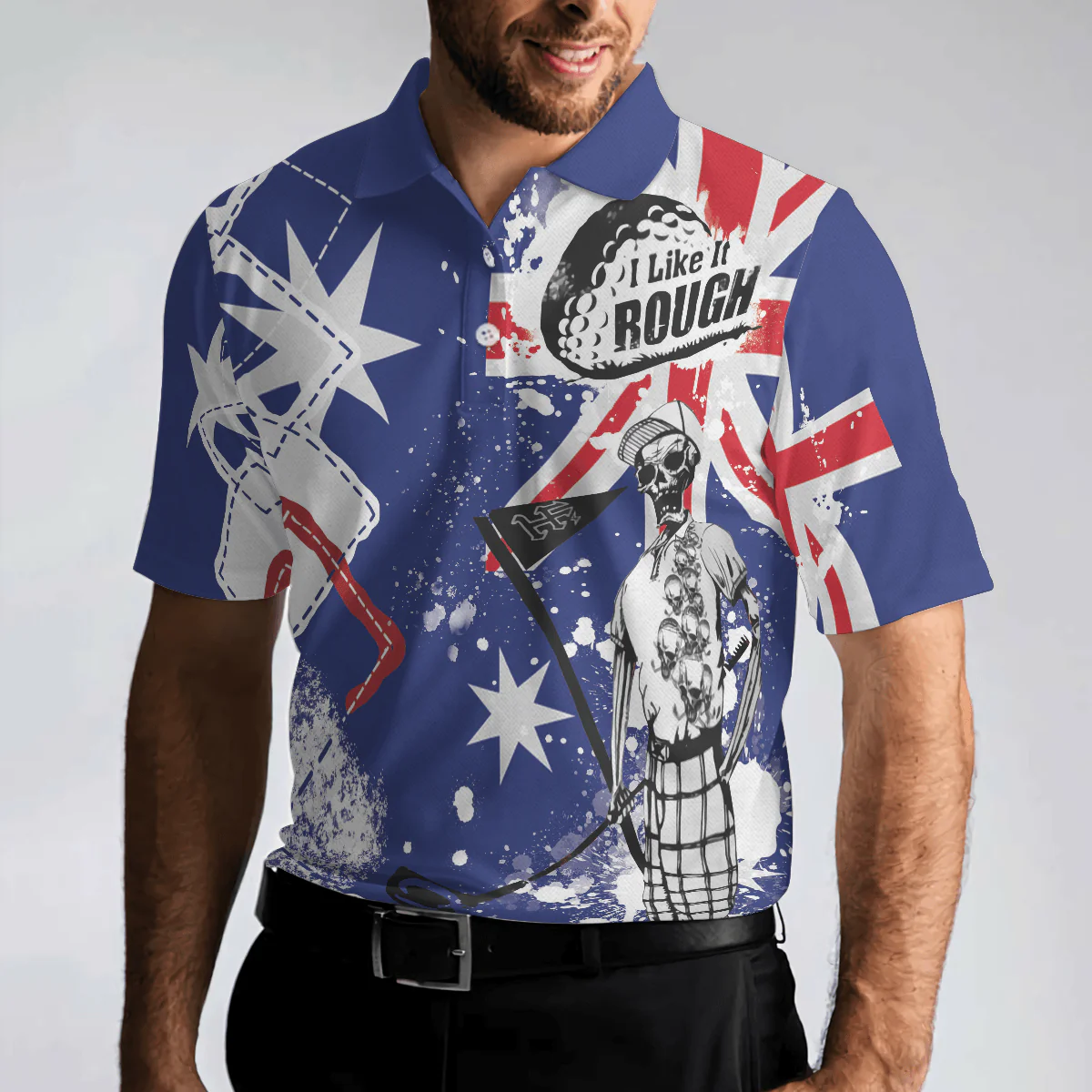 Golf Men Polo Shirt, Argyle Pattern Skeleton Golfing, Golf I Like It Rough Australian Flag Polo Shirt For Men - Best Gift For Golfers, Golf Lovers - Image 5