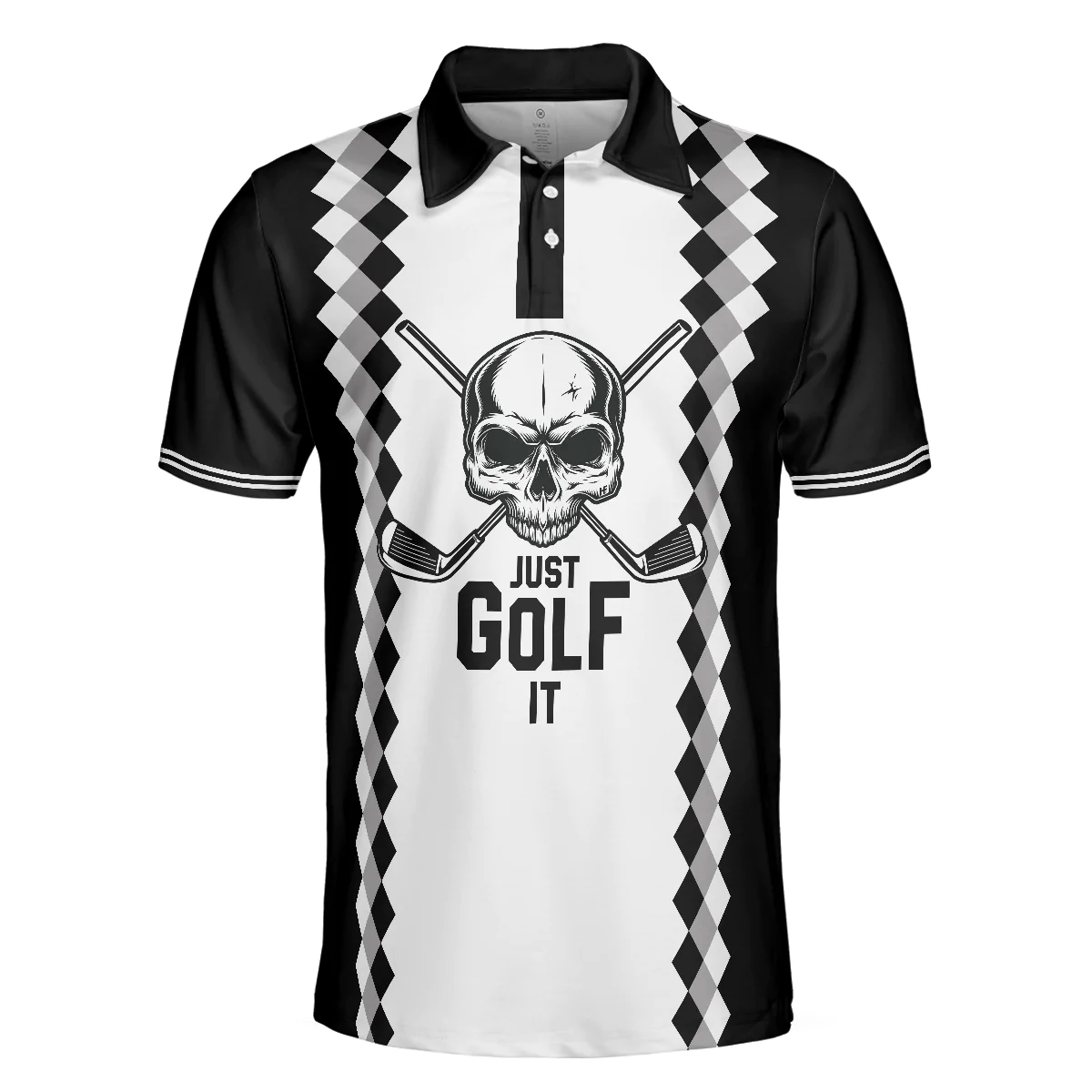 Golf Men Polo Shirt, Black And White Argyle Pattern Polo Shirt, Just Golf It Skull Golf Shirt For Men - Gift For Golfers, Golf Lovers - Image 3