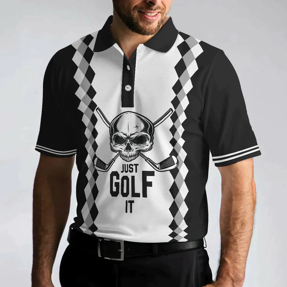 Golf Men Polo Shirt, Black And White Argyle Pattern Polo Shirt, Just Golf It Skull Golf Shirt For Men - Gift For Golfers, Golf Lovers - Image 4