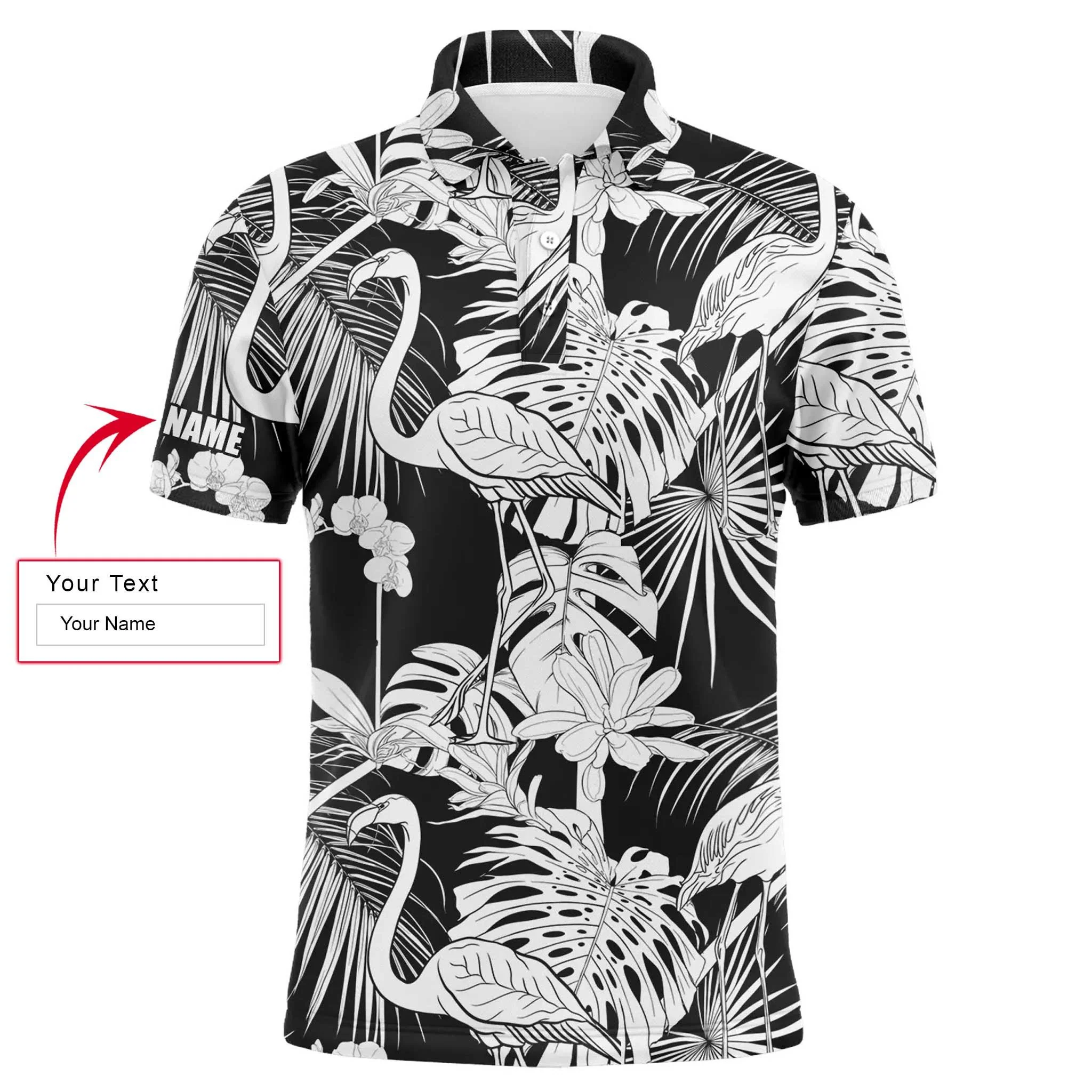 Golf Men Polo Shirt - Black And White Tropical Plants Flamingo Custom Name Apparel - Personalized Gift For Golf Lover, Team, Husband, Boyfriend, Dad