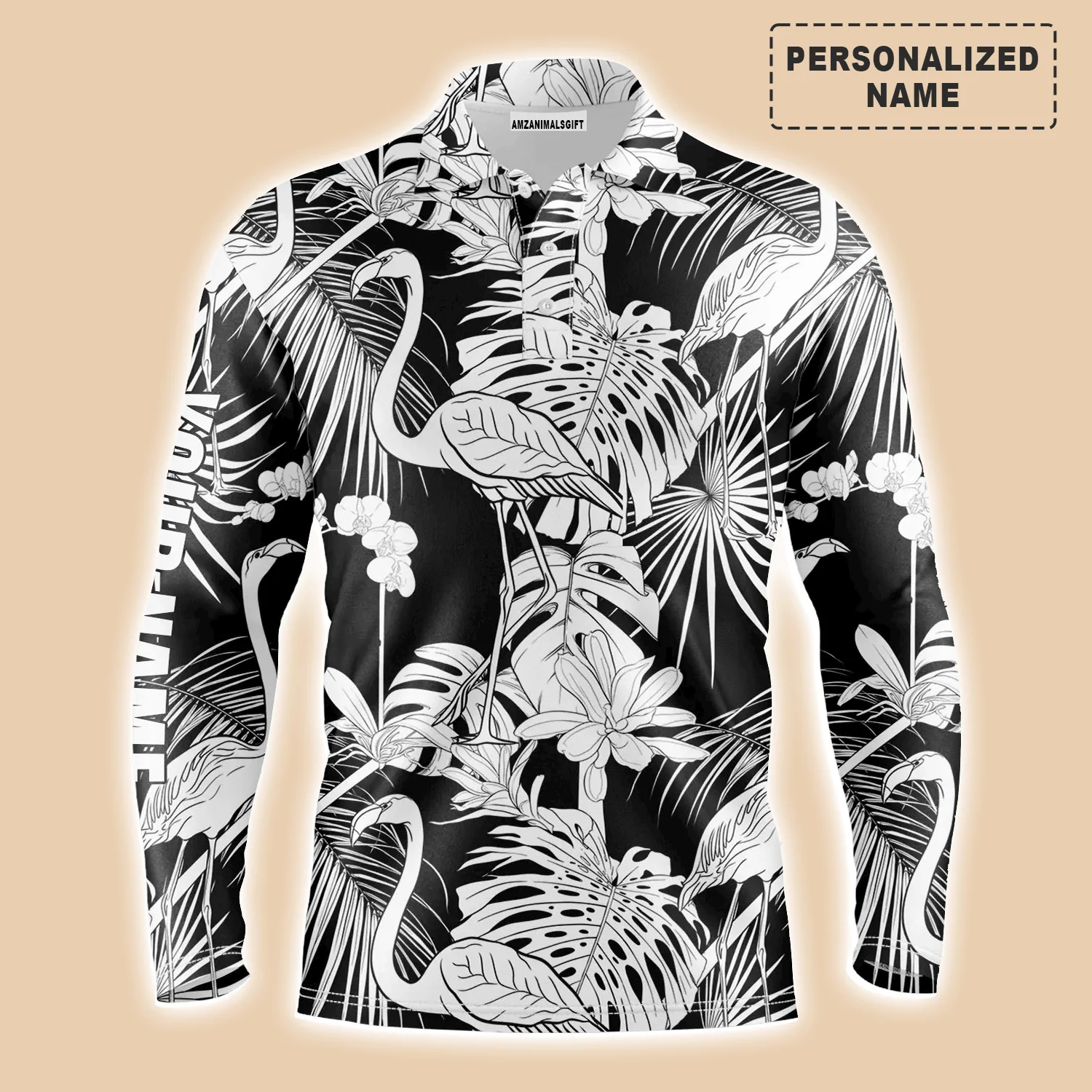 Golf Men Polo Shirt - Black And White Tropical Plants Flamingo Custom Name Apparel - Personalized Gift For Golf Lover, Team, Husband, Boyfriend, Dad - Image 3