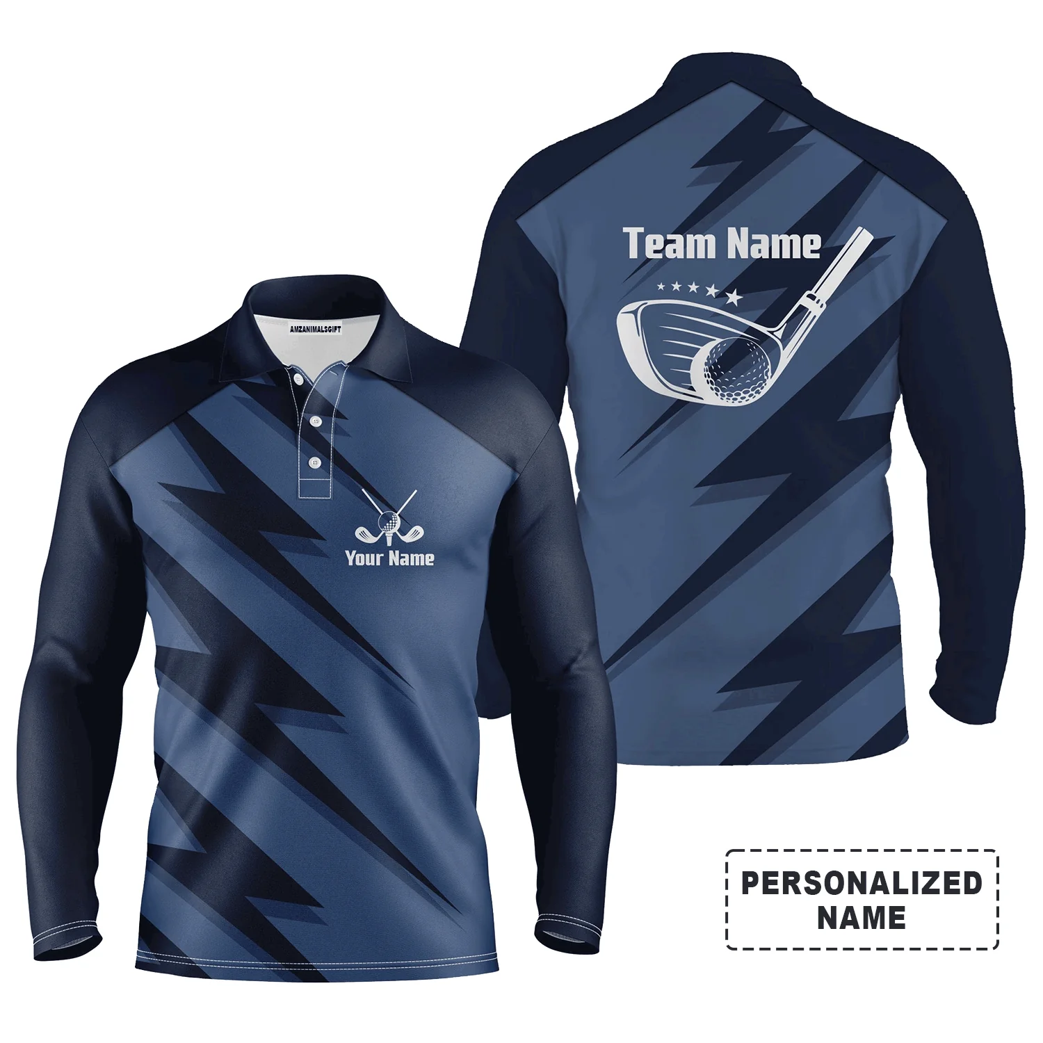 Golf Men Polo Shirt - Blue Lightning Custom Name And Team Name Golfing Apparel - Personalized Sports Gift For Golf Lover, Male, Husband, Boyfriend - Image 2