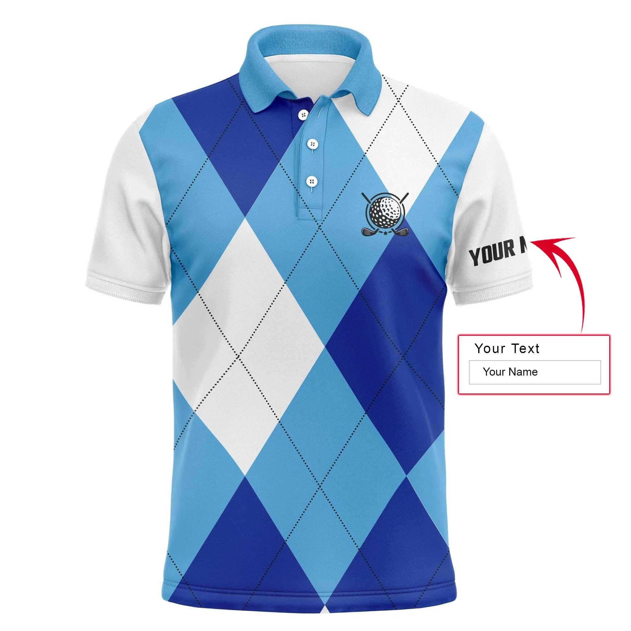 Golf Men Polo Shirt - Blue White Golf Pattern Custom Name Apparel - Personalized Gift For Golf Lover, Team, Golfer, Husband, Boyfriend