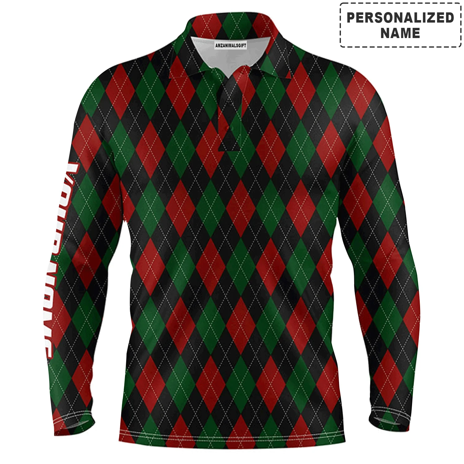 Golf Men Polo Shirt - Christmas Plaid Argyle Pattern Custom Name Apparel - Personalized Gift For Golf Lover, Men, Husband, Boyfriend, Team - Image 3