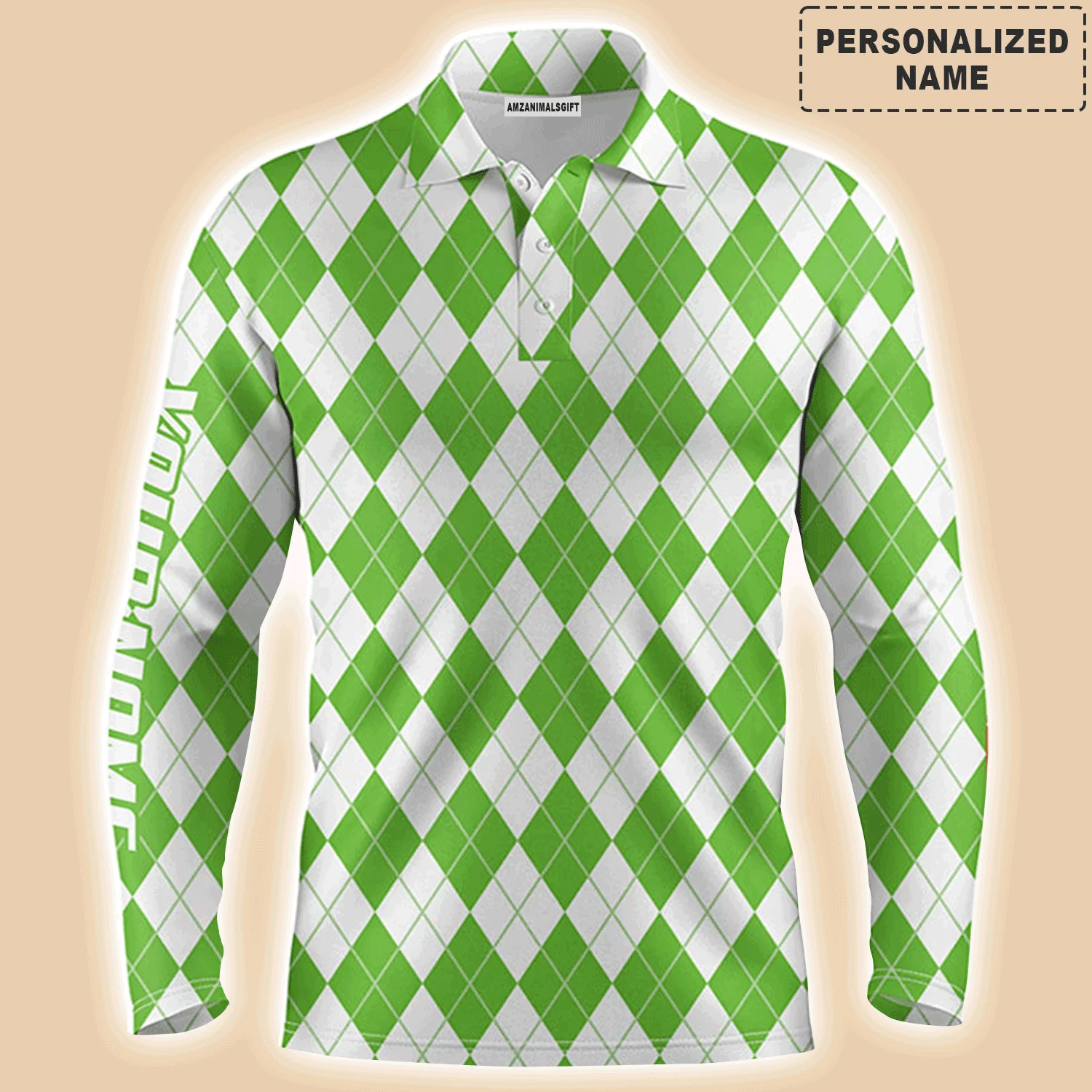 Golf Men Polo Shirt - Christmas Plaid Green And White Argyle Pattern Custom Name Apparel - Personalized Gift For Golf Lover, Men, Husband, Team - Image 3