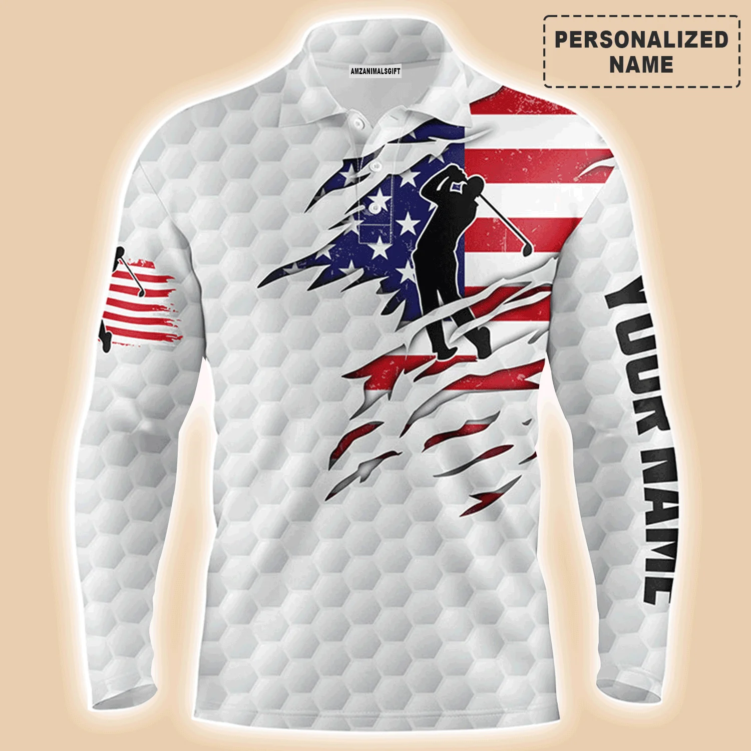Golf Men Polo Shirt - Custom Name American Flag Patriot White Golf Balls Apparel - Personalized Sports Gift For Golf Lover, Male, Husband, Boyfriend - Image 3