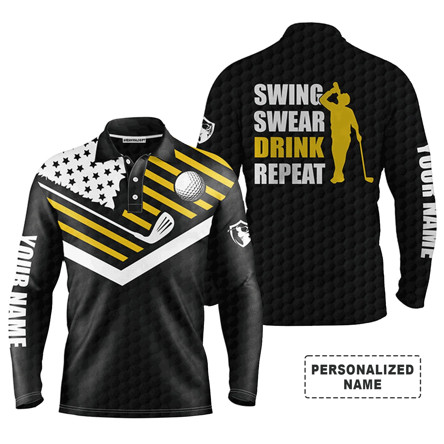 Golf Men Polo Shirt, Custom Name Black American Flag Swing Swear Drink Repeat Men Golf Polo Shirt - Personalized Sports Gifts For Men - Image 2