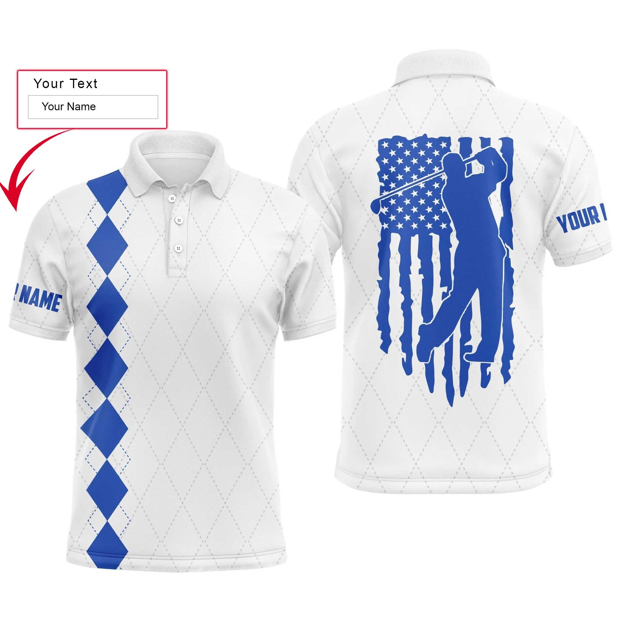 Golf Men Polo Shirt - Custom Name Blue American Flag Apparel - Personalized Gift For Golf Lover, Team, Husband, Boyfriend, Men, Patriotic, 4th July