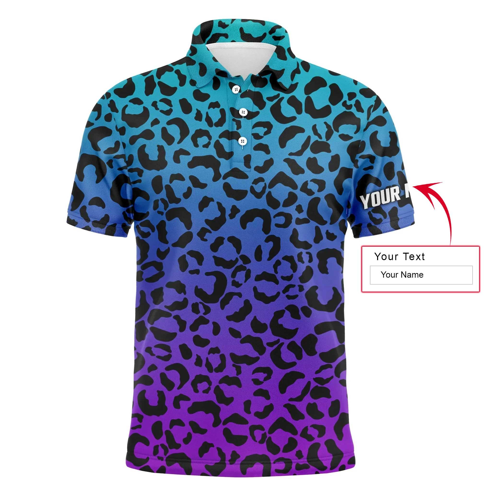 Golf Men Polo Shirt - Custom Name Blue Purple Neon Leopard Pattern Apparel Men Polo Shirt - Personalized Gift For Golf Lover, Team, Husband, Boyfriend, Men