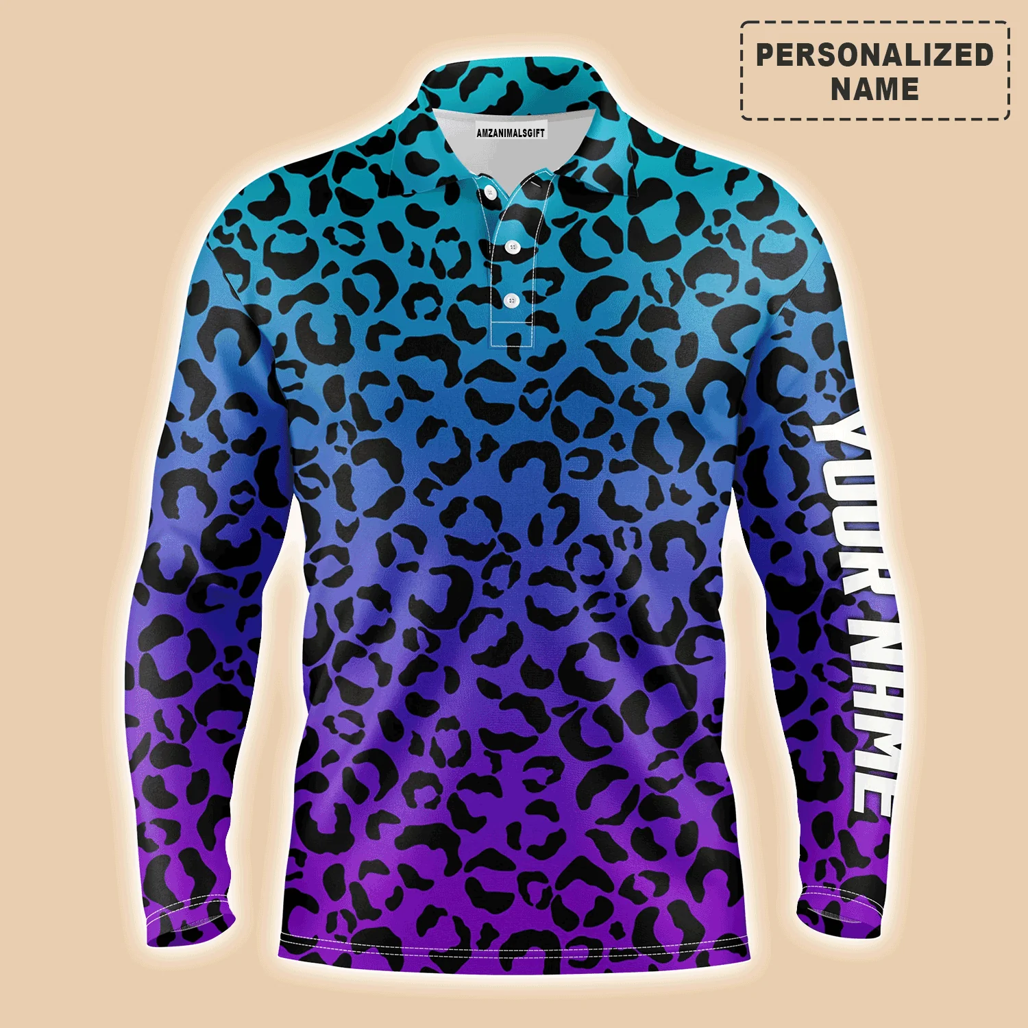 Golf Men Polo Shirt - Custom Name Blue Purple Neon Leopard Pattern Apparel Men Polo Shirt - Personalized Gift For Golf Lover, Team, Husband, Boyfriend, Men - Image 2