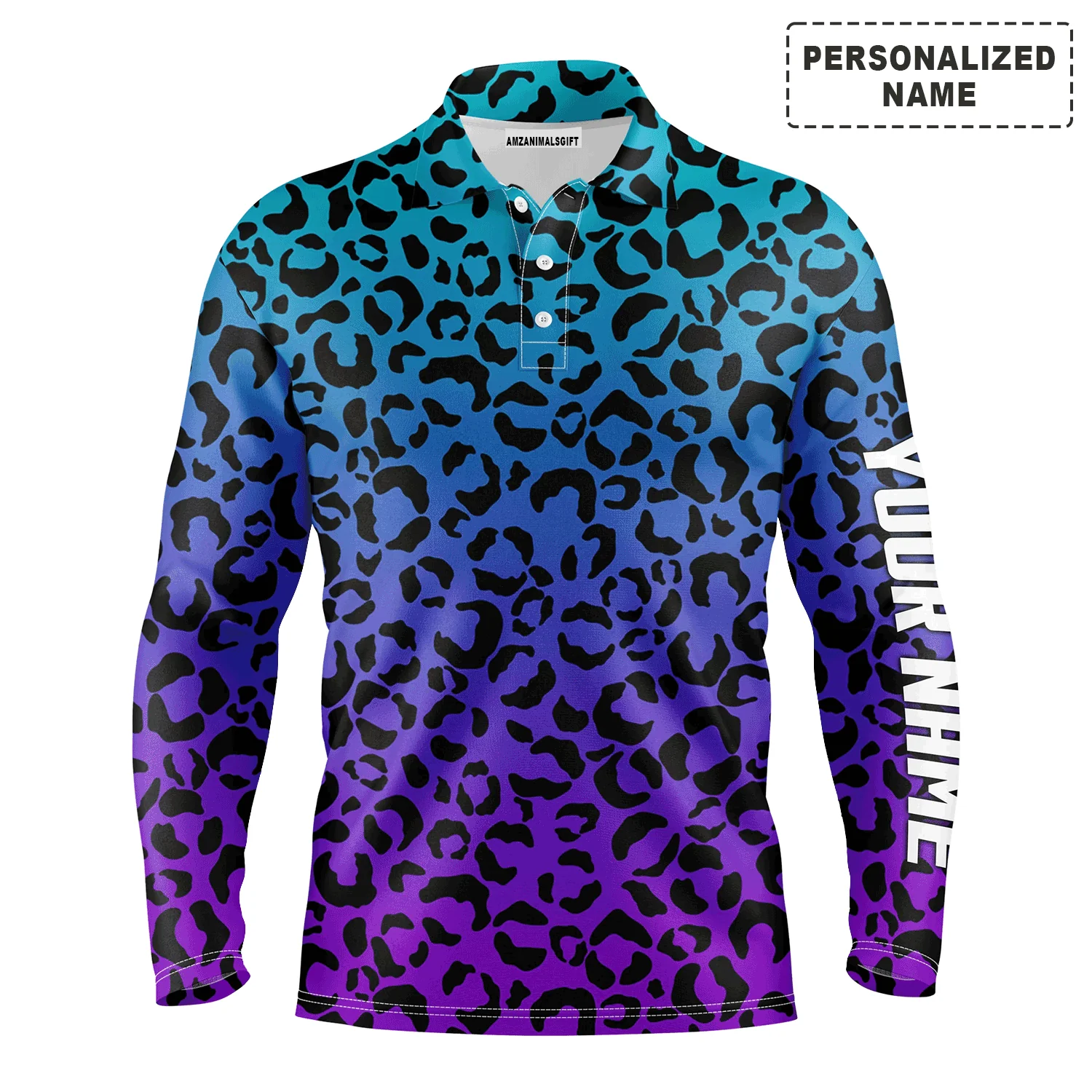 Golf Men Polo Shirt - Custom Name Blue Purple Neon Leopard Pattern Apparel Men Polo Shirt - Personalized Gift For Golf Lover, Team, Husband, Boyfriend, Men - Image 3