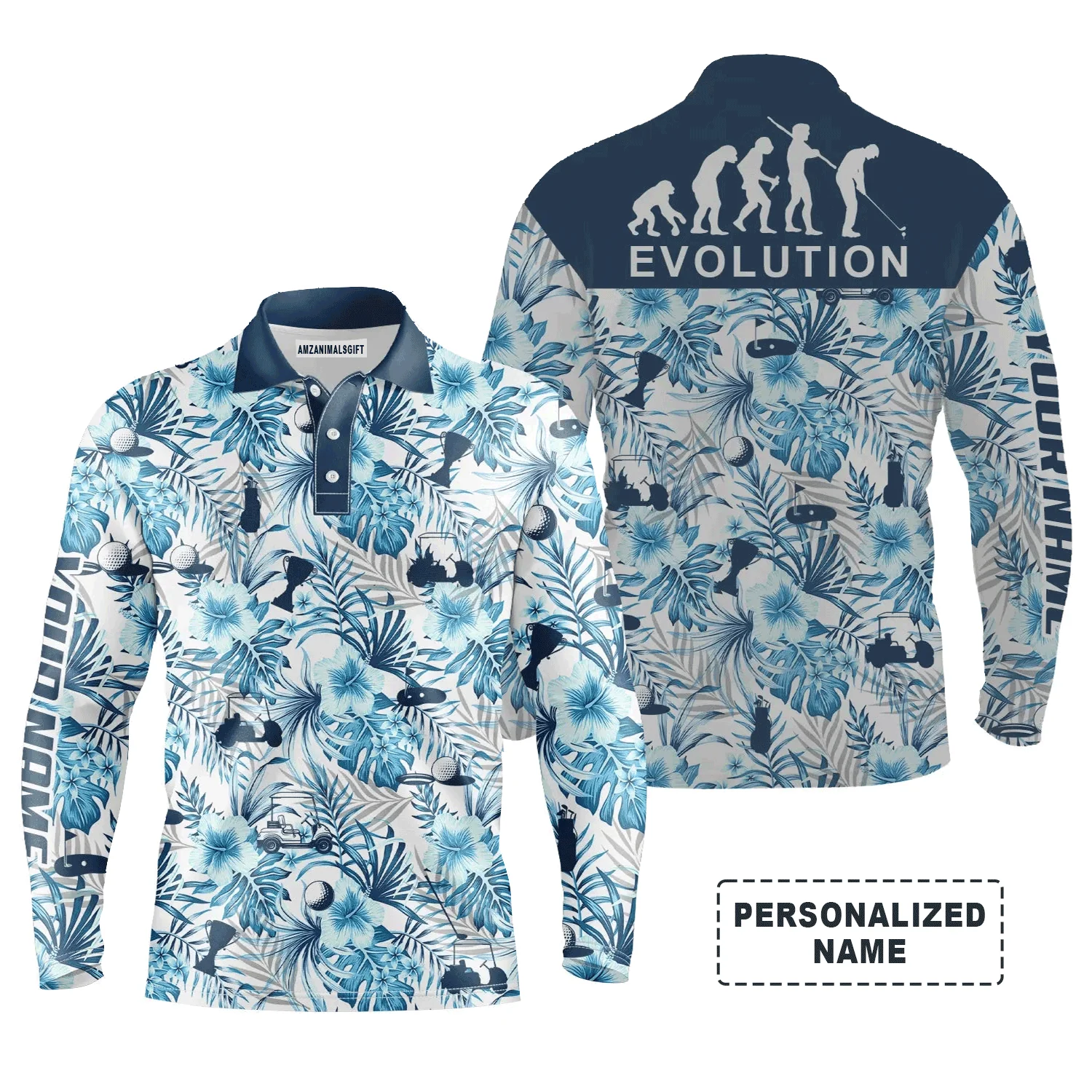 Golf Men Polo Shirt - Custom Name Blue Tropical Plant Pattern Apparel - Personalized Gift For Golf Lover, Team, Husband, Boyfriend, Men - Evolution - Image 4