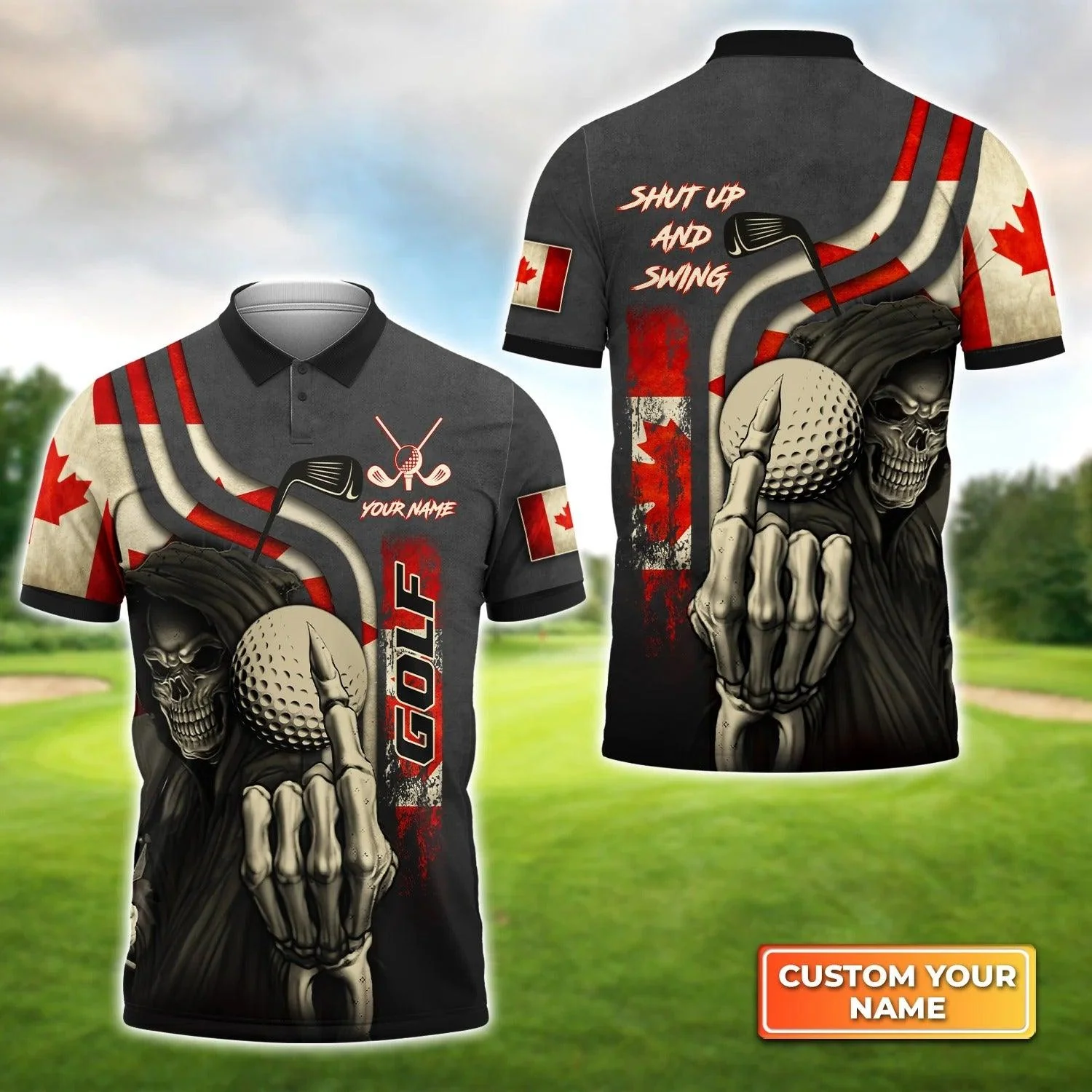 Golf Men Polo Shirt Custom Name - Canada Flag Skull Golf Shut Up And Swing Personalized Polo Shirt For Men - Gift For Golfers, Friend, Family