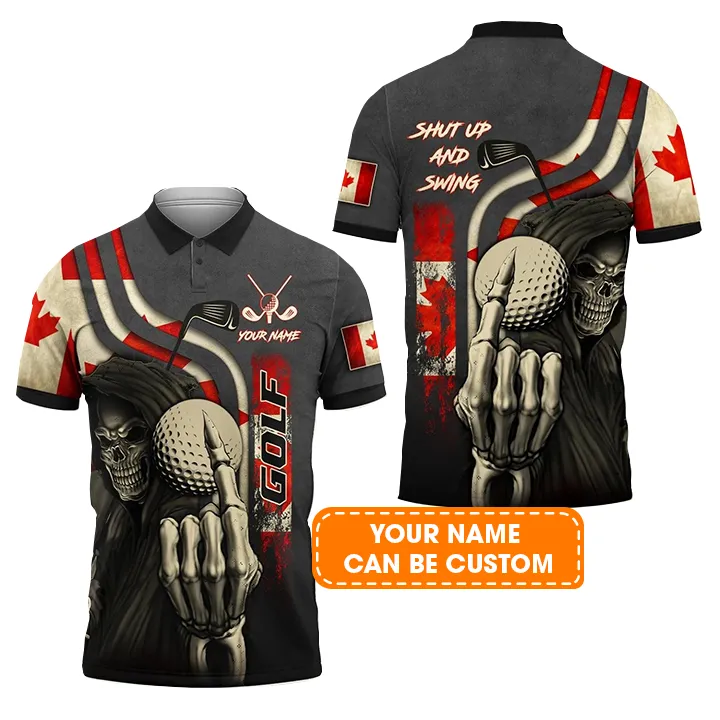 Golf Men Polo Shirt Custom Name - Canada Flag Skull Golf Shut Up And Swing Personalized Polo Shirt For Men - Gift For Golfers, Friend, Family - Image 2